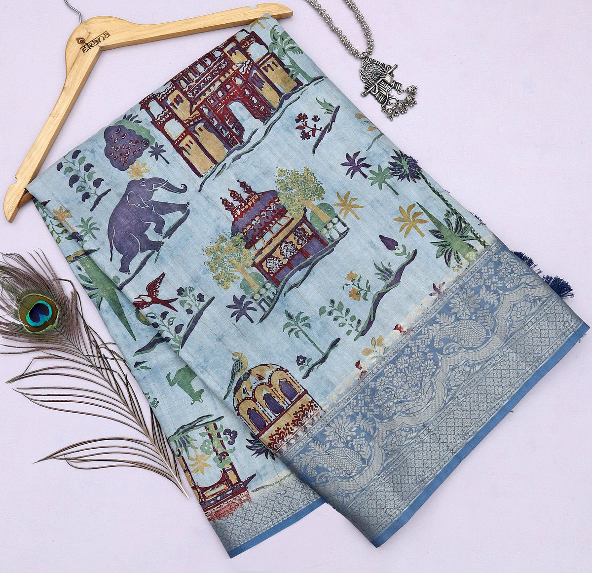 Adweta Saree of Captivating Elephants in Sky Blue-Saree-Ekana Label