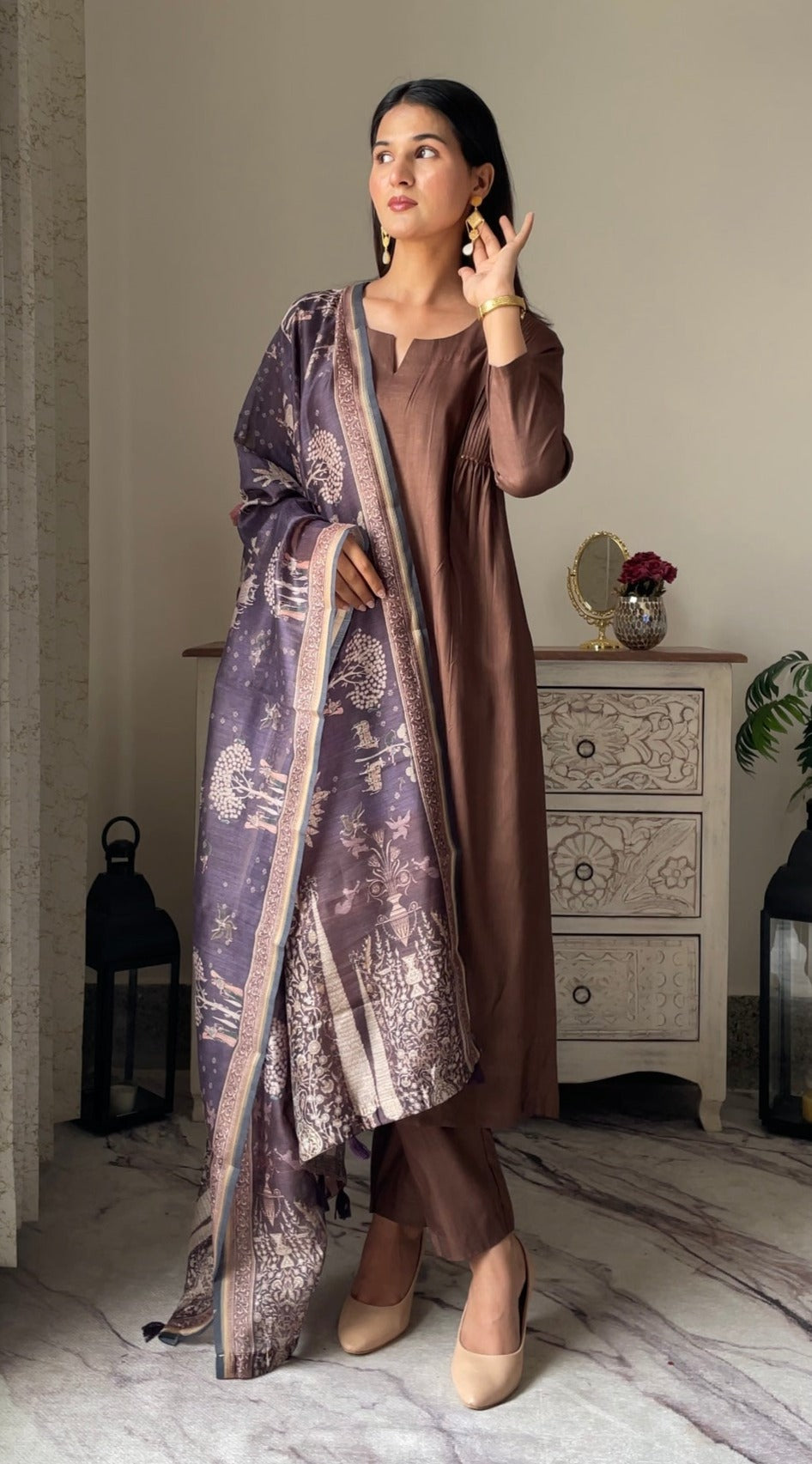 Harita Brown Three Piece Suit Set-Suit Set-Ekana Label