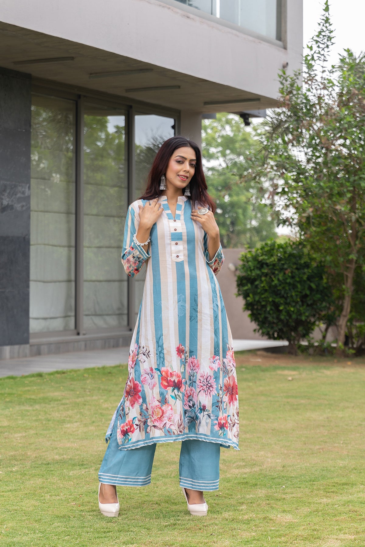 Phoolva Stripe Kurta Set-Kurta Set-Ekana Label