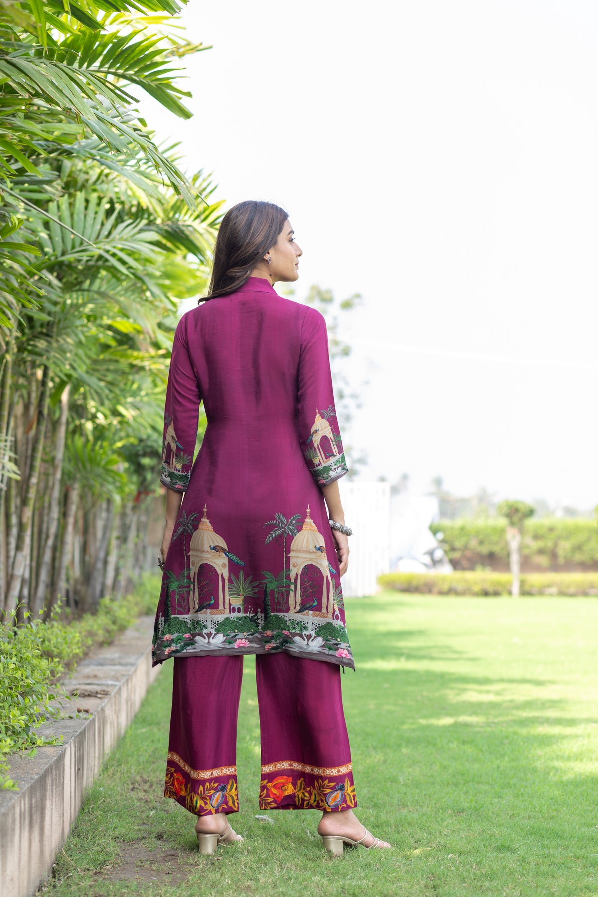 Deep Pink Bloom Handworked V-Neck Co-ord Set-Western-Ekana Label