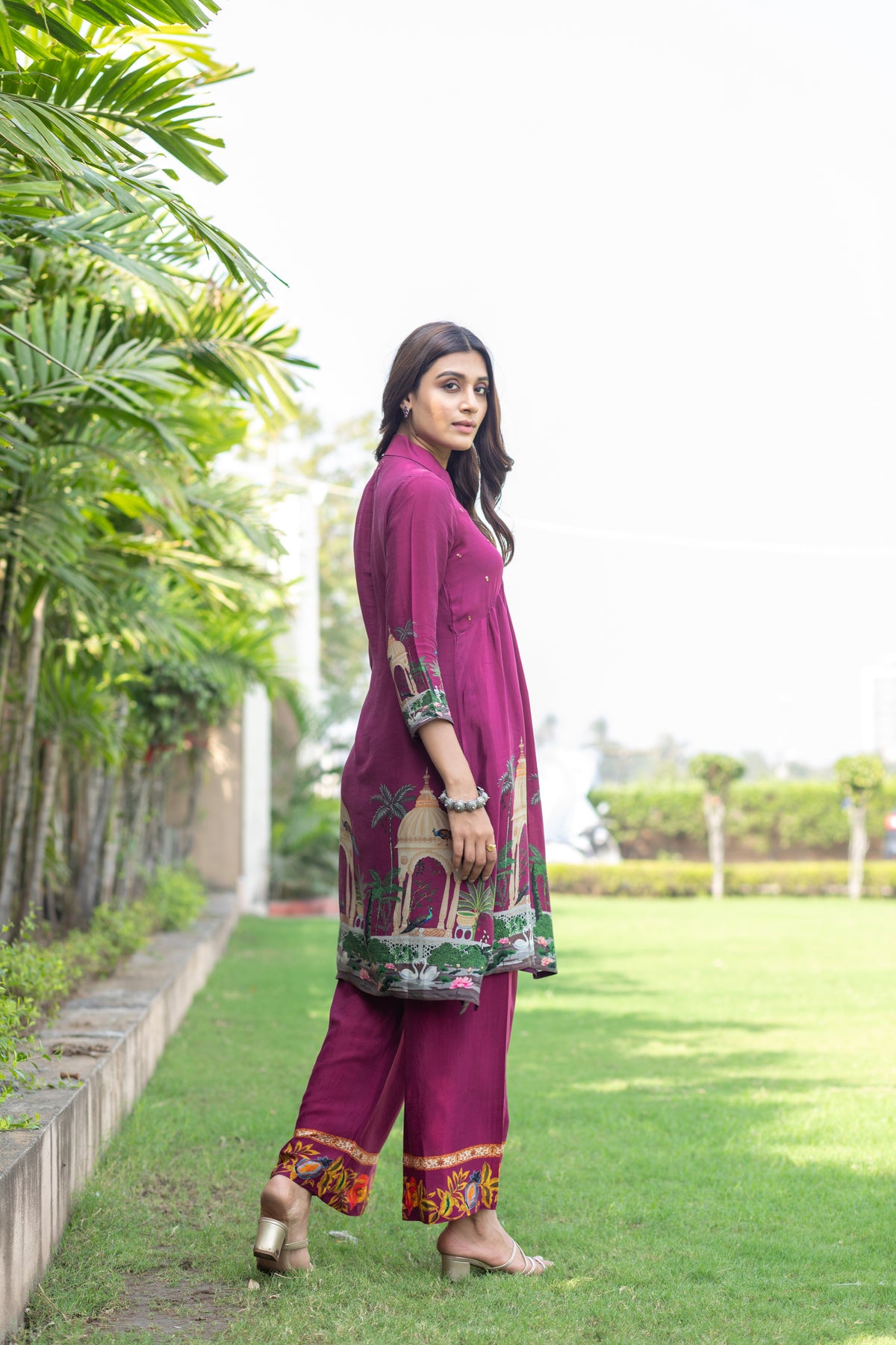 Deep Pink Bloom Handworked V-Neck Co-ord Set-Western-Ekana Label