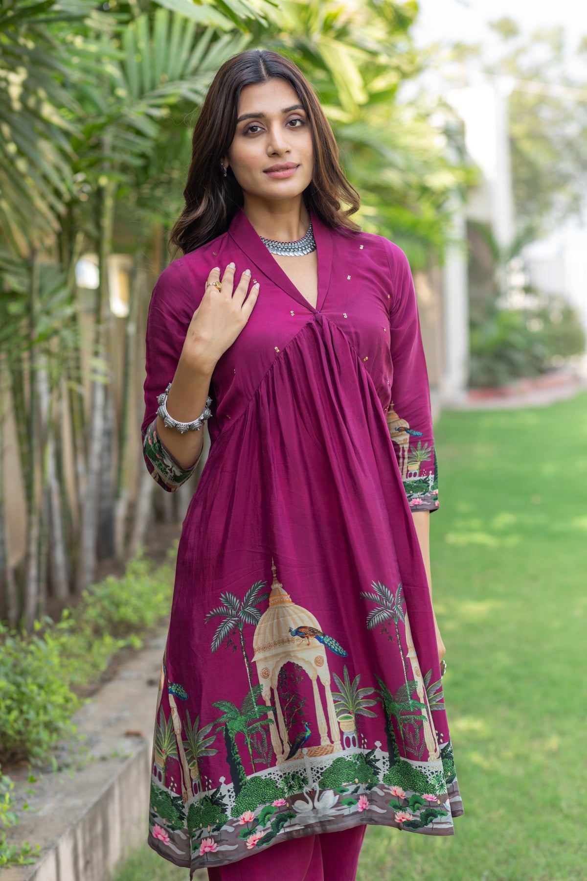 Deep Pink Bloom Handworked V-Neck Co-ord Set-Western-Ekana Label
