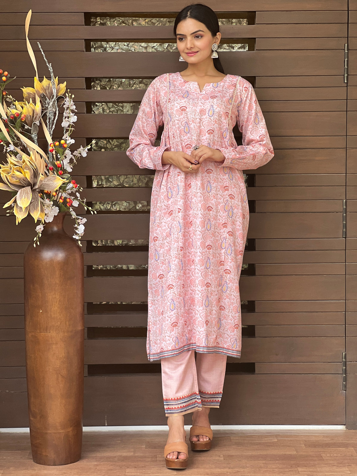 Baby Pink Floral Kurta Set-Suit Set-Ekana Label