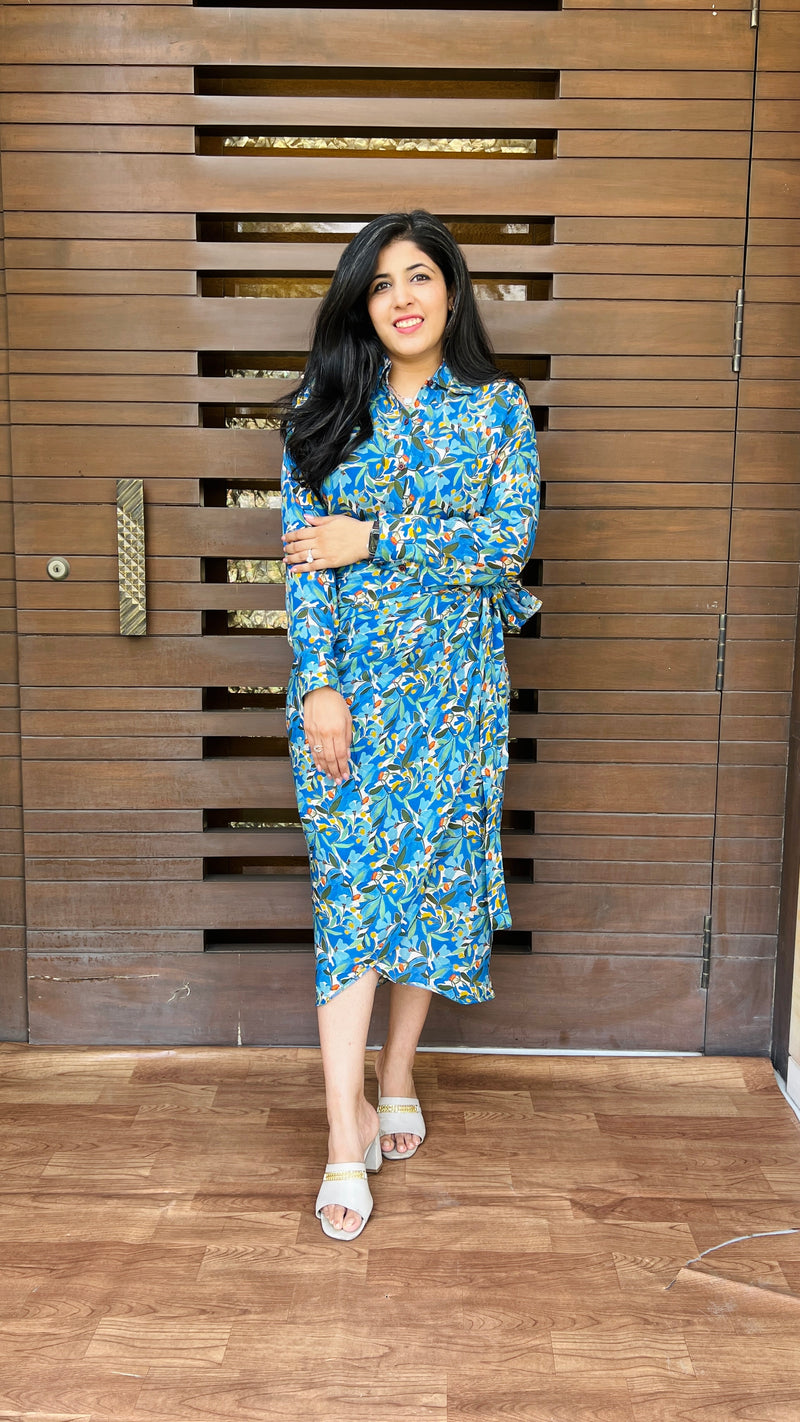 Abigail Ocean Blue Wrap-around Skirt Dress-Dresses-Ekana Label