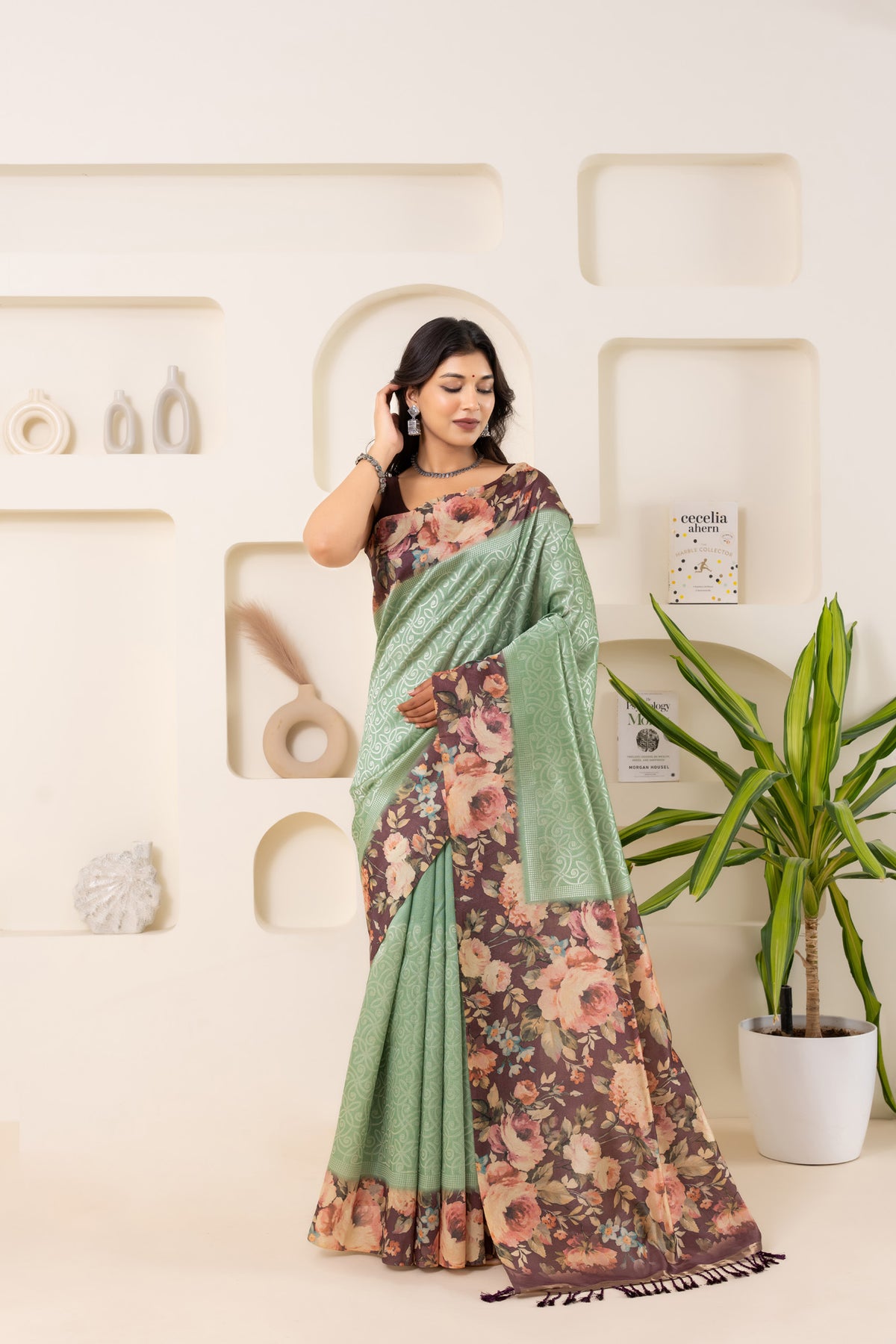 Wamika Green Floral Pallu Saree-Saree-Ekana Label