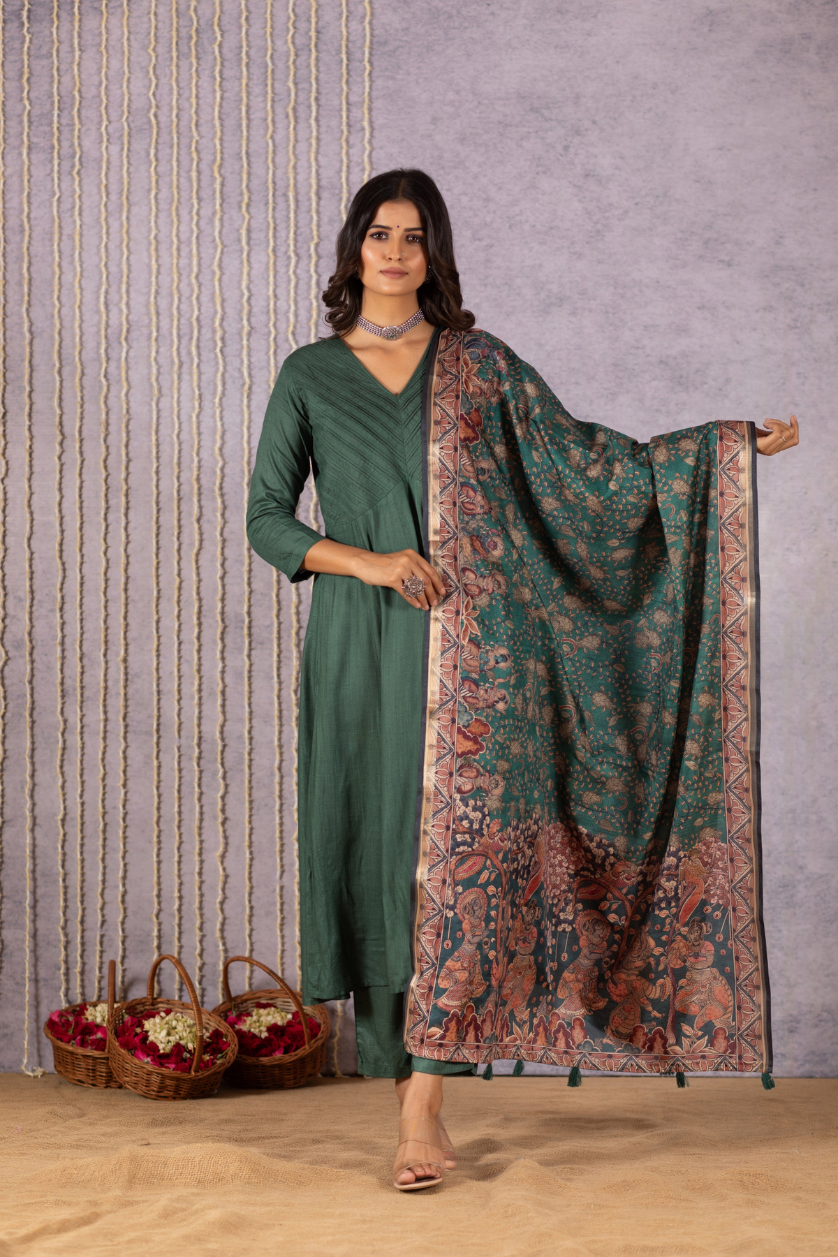 Paravi Dark Green Dupatta-Dupatta-Ekana Label