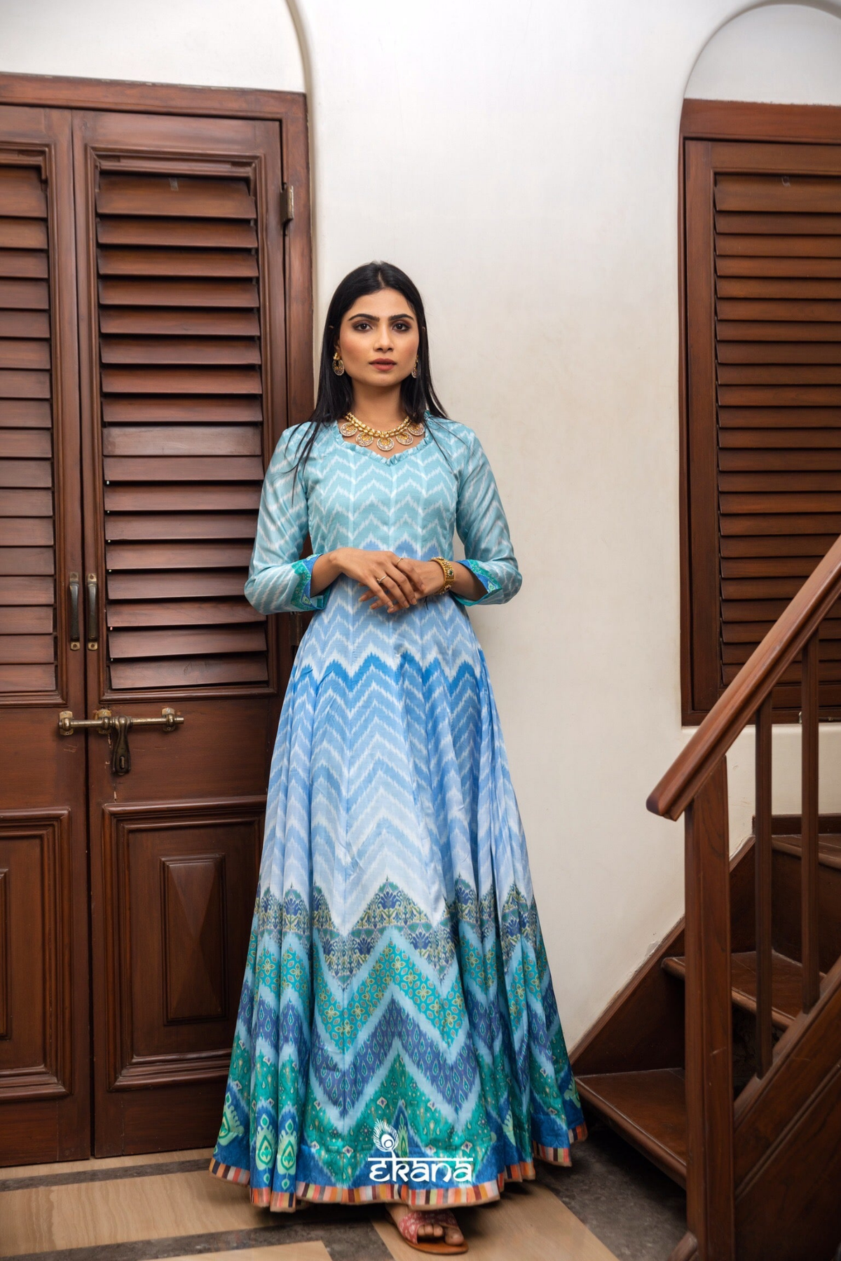 Blue Skies Lehariya Gown-Gown-Ekana Label