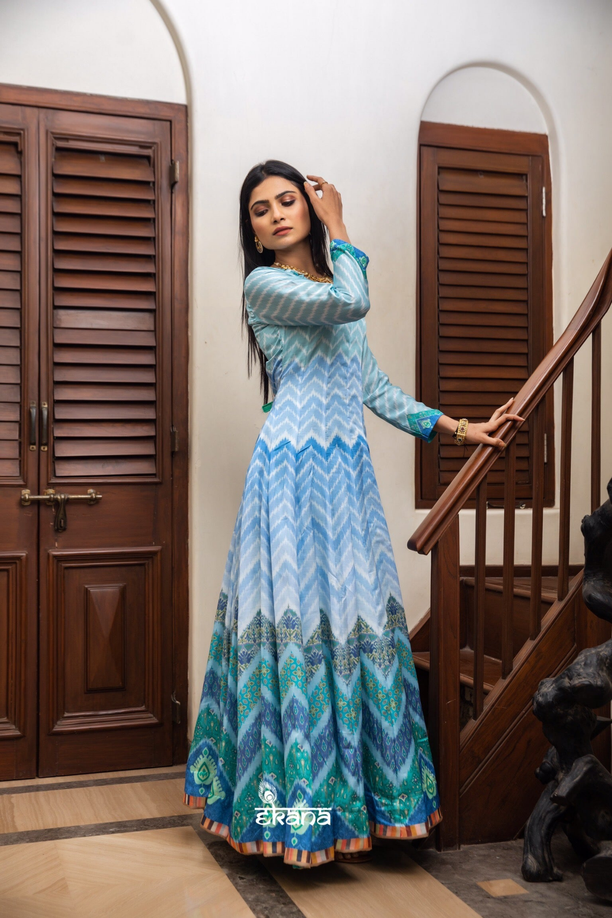 Blue Skies Lehariya Gown-Gown-Ekana Label