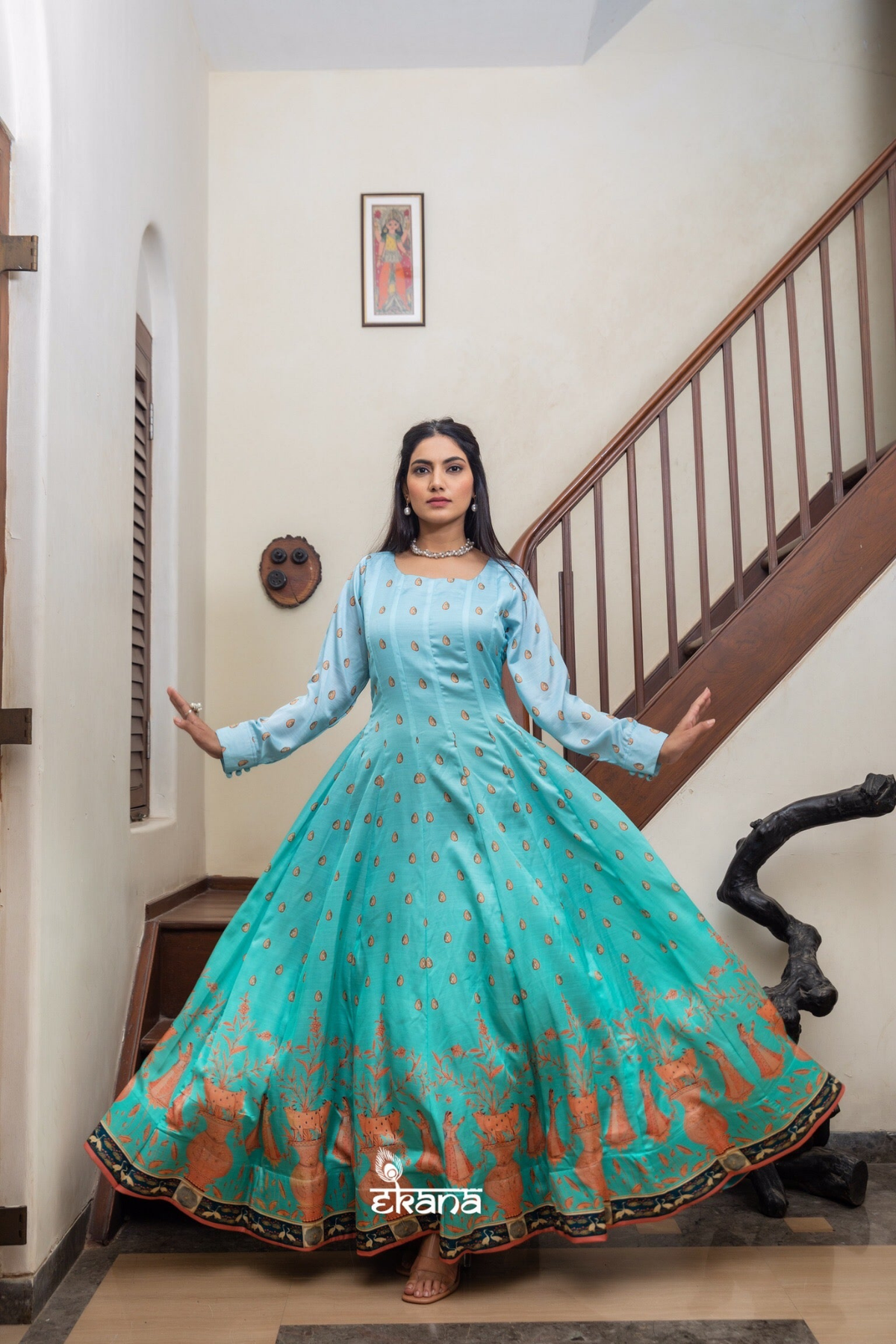 Aqua Blush Pichwai Gown-Gown-Ekana Label