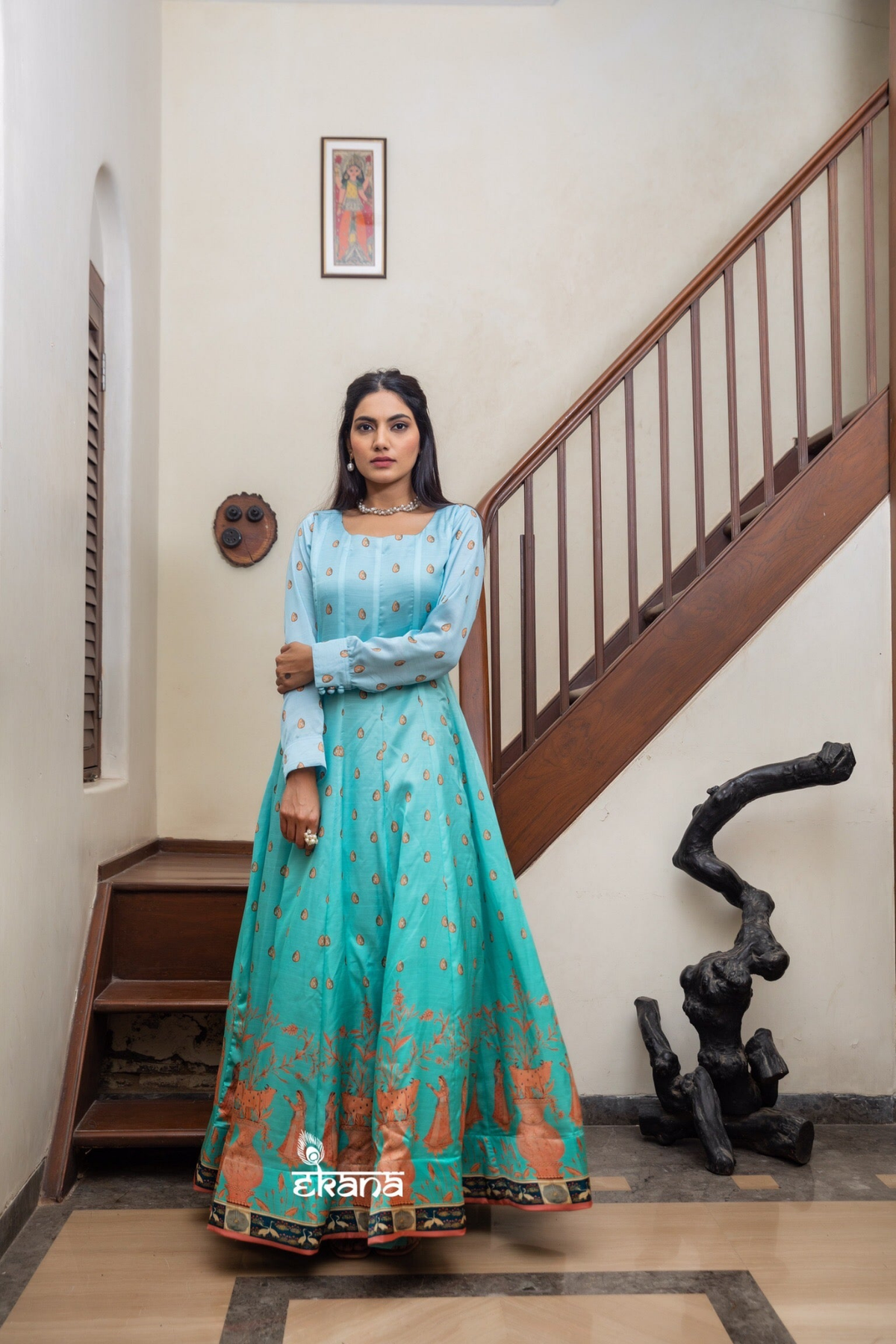 Aqua Blush Pichwai Gown-Gown-Ekana Label