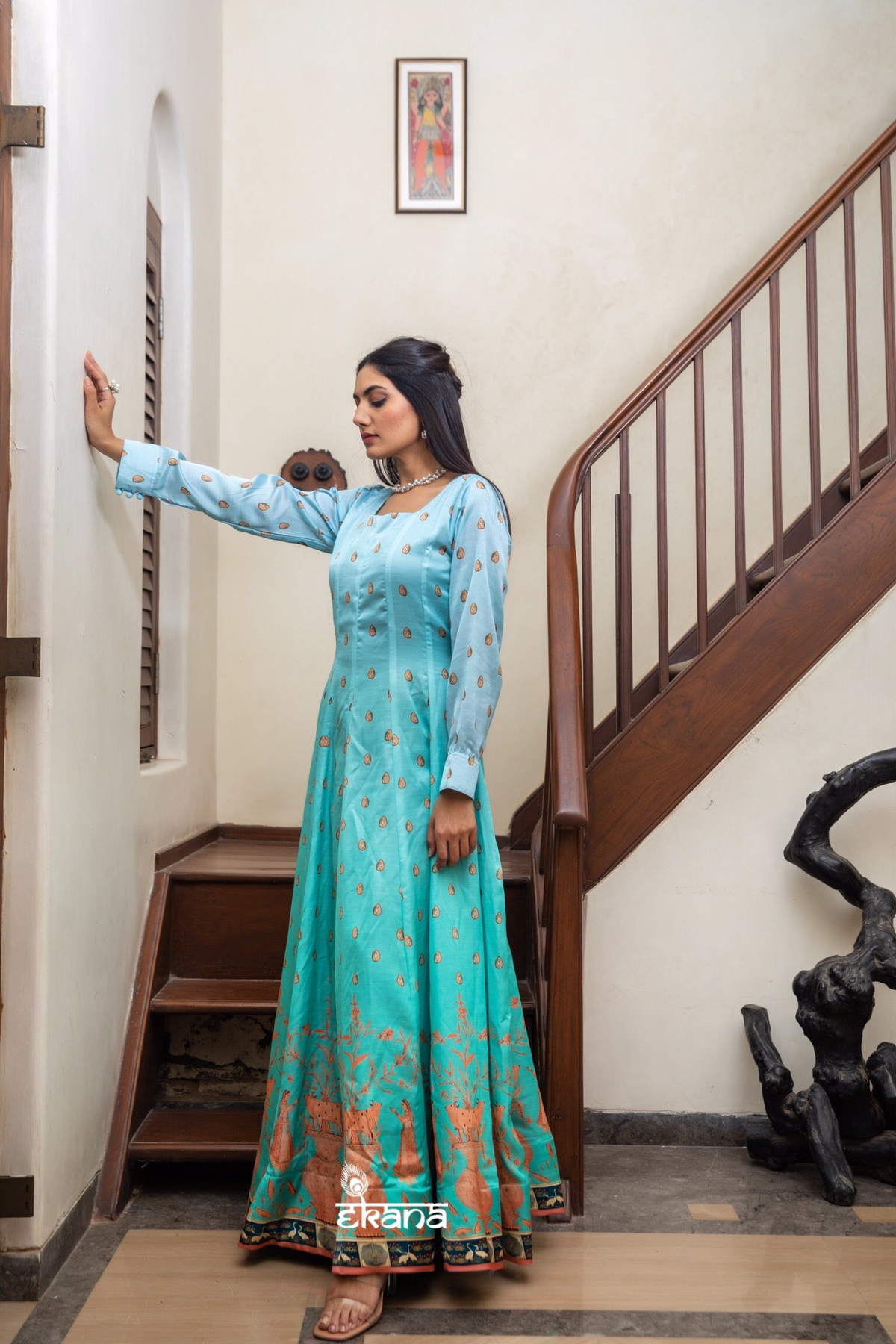 Aqua Blush Pichwai Gown-Gown-Ekana Label