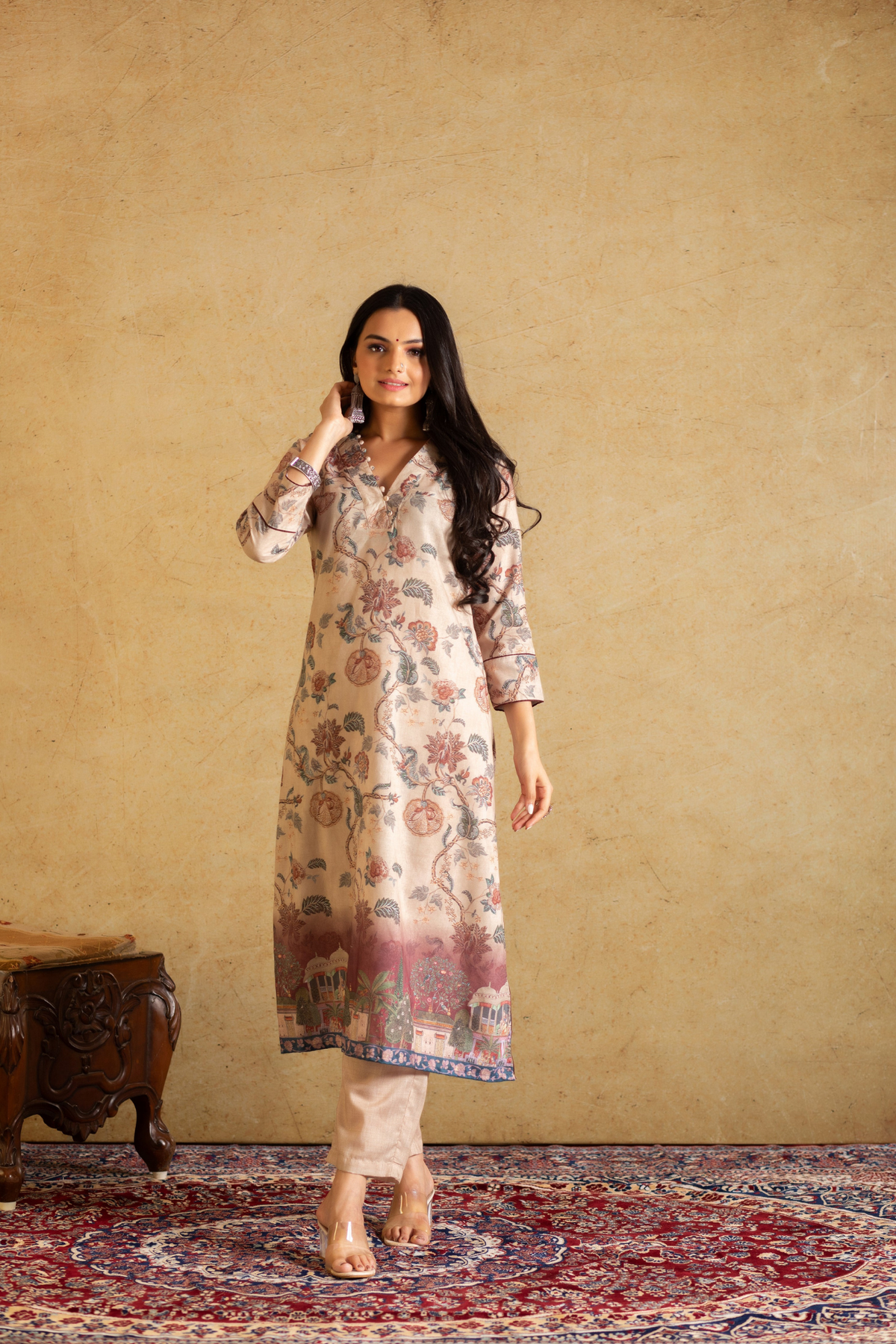 Aanishka V-Neck Kalamkari Beauty Suit Set-Suit Set-Ekana Label