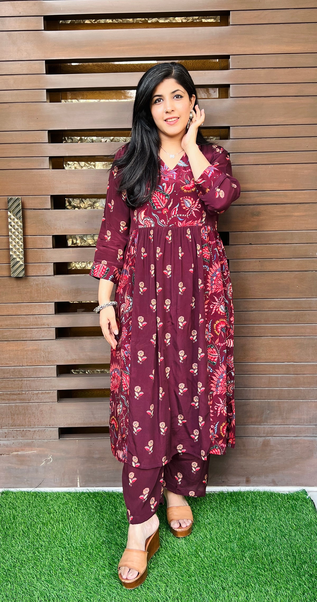 Marsala Mayur Kalamkari Kurta Set-Kurta Set-Ekana Label