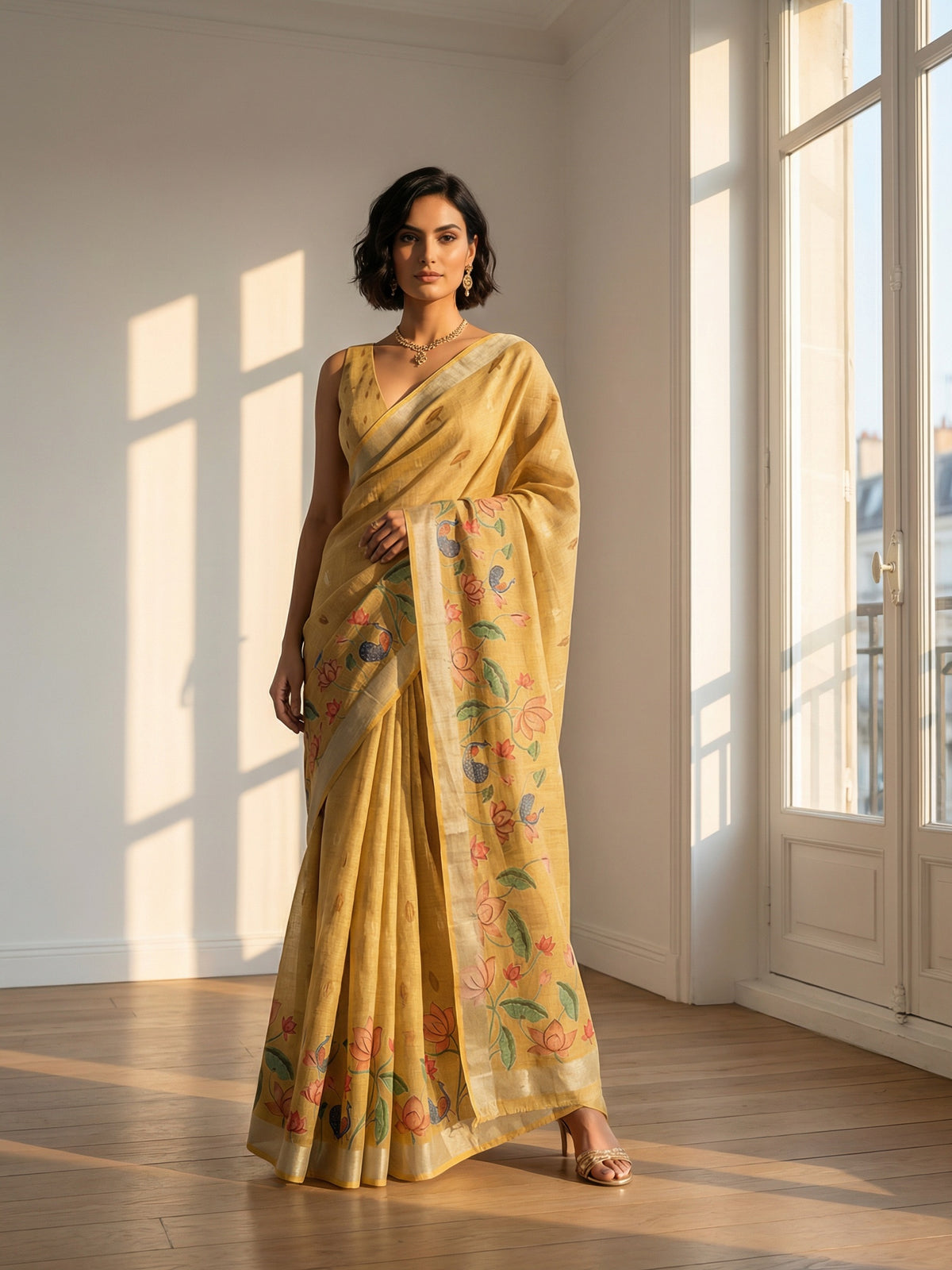 Yellow Floral Linen Saree