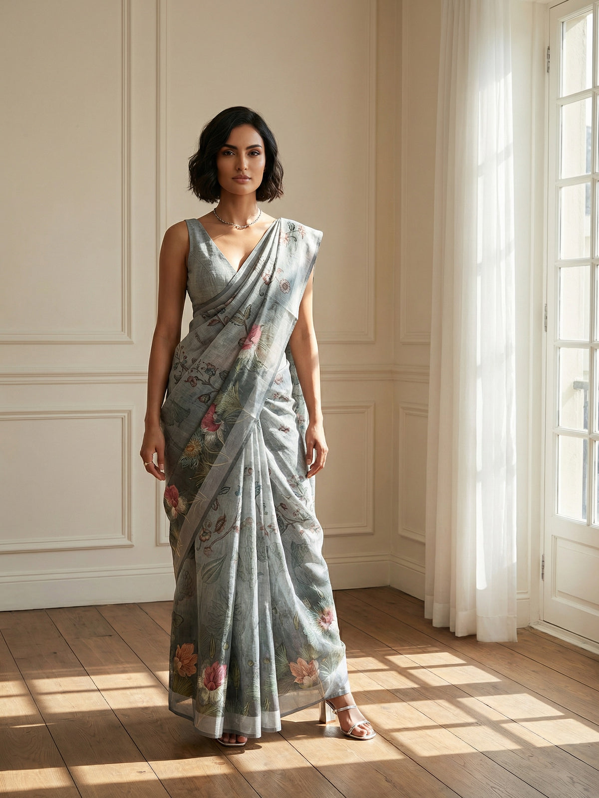 Sana Sky Floral Saree-Saree-Ekana Label