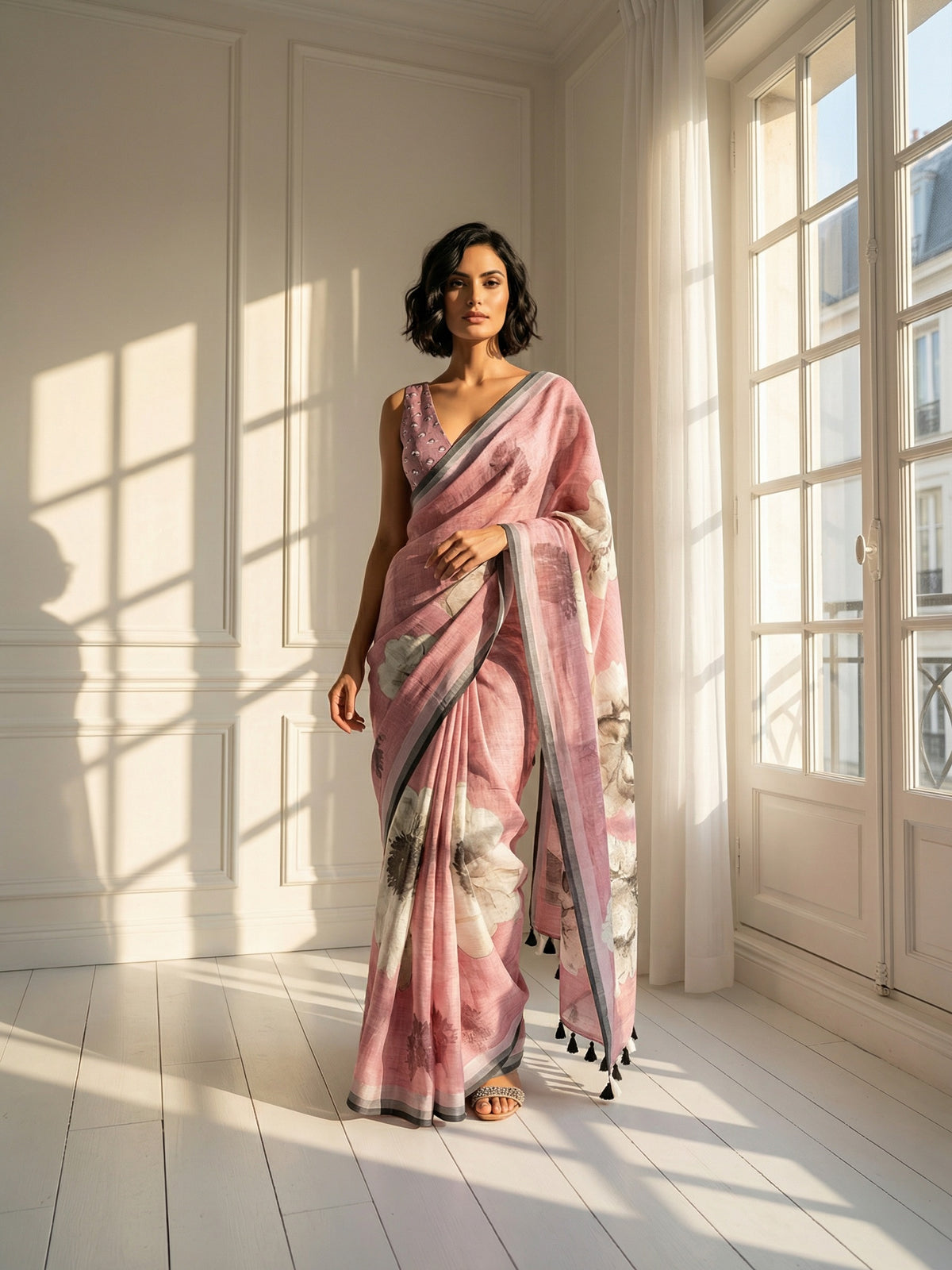 White and Pink Floral Saree-Saree-Ekana Label
