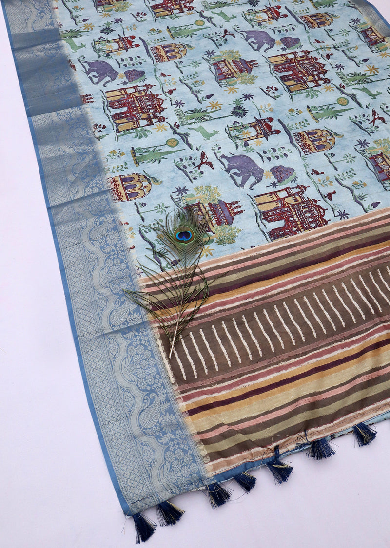 Adweta Saree of Captivating Elephants in Sky Blue-Saree-Ekana Label