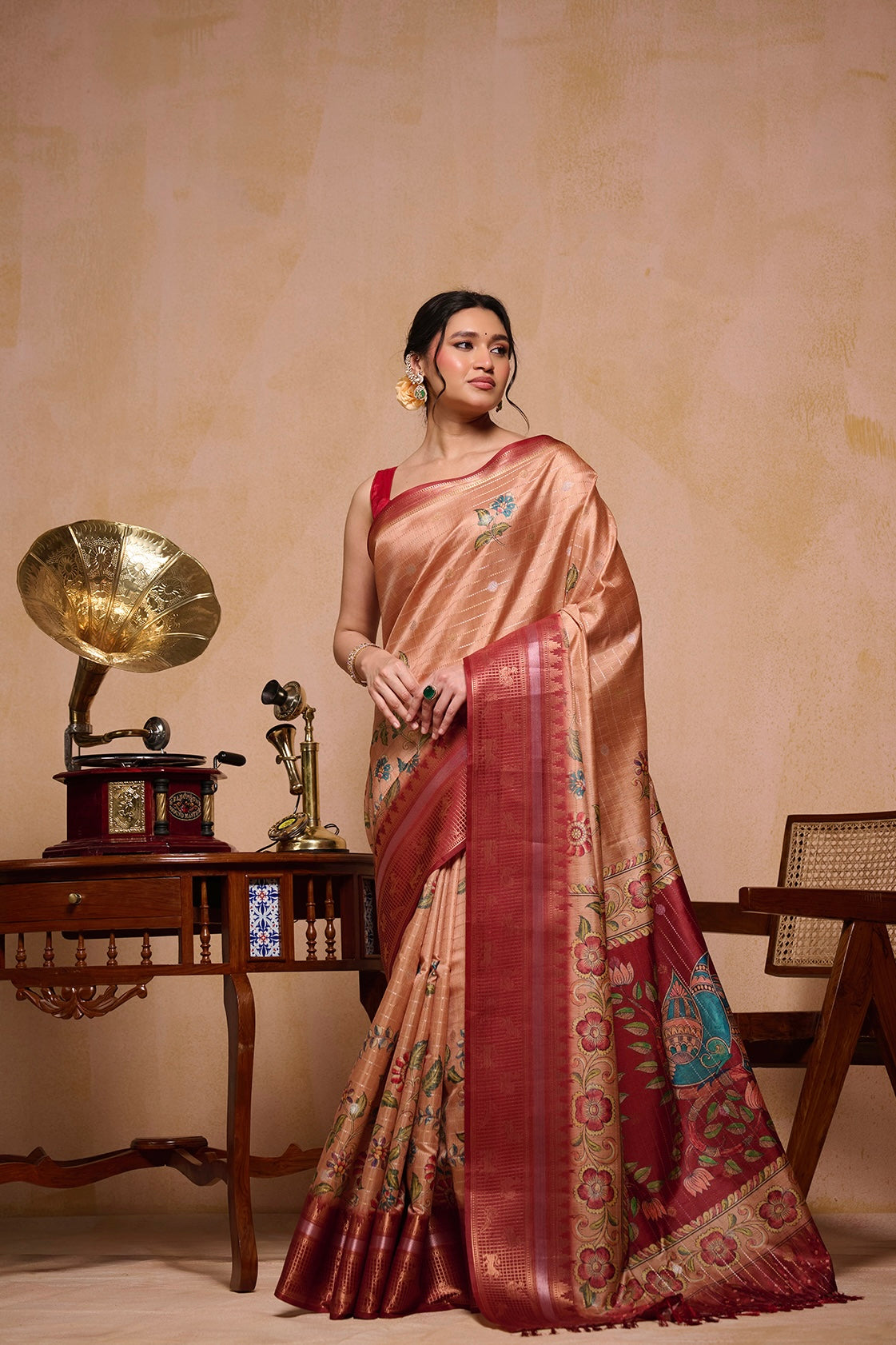 Peacock on Peach Saree