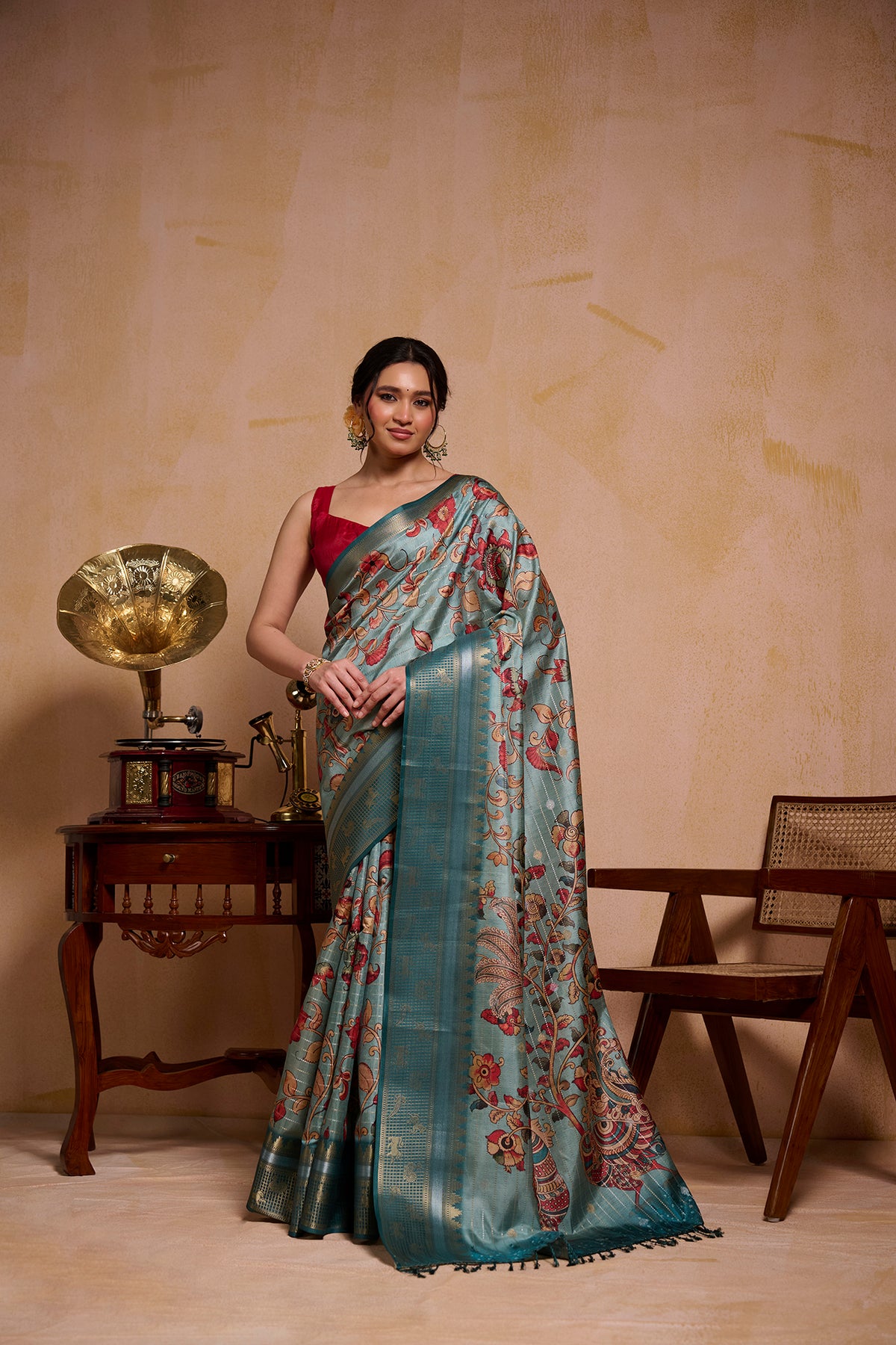 Teal Florals Saree