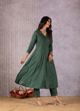 Paravi Dark Green V-Neck Pleated Charm Suit Set