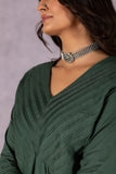 Paravi Dark Green V-Neck Pleated Charm Suit Set