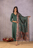 Paravi Dark Green V-Neck Pleated Charm Suit Set