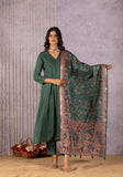 Paravi Dark Green V-Neck Pleated Charm Suit Set