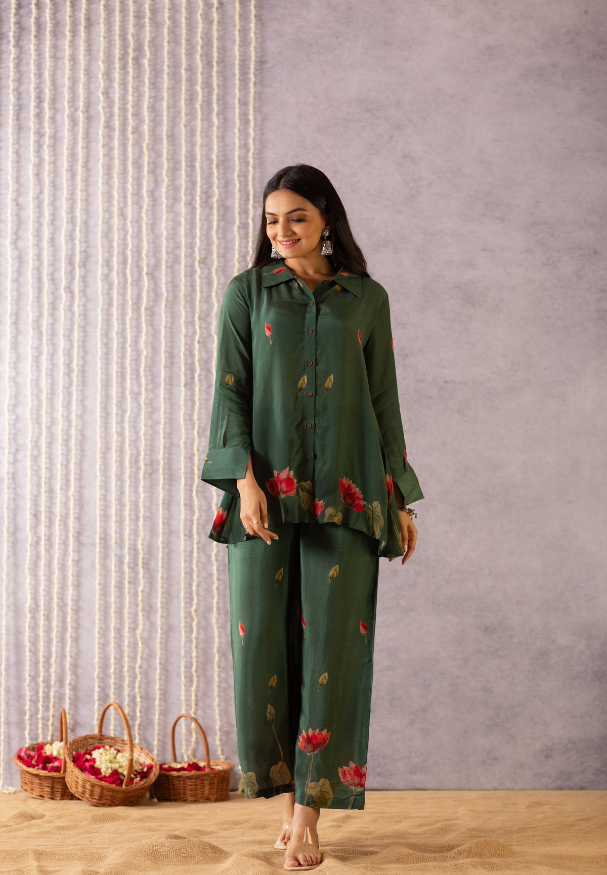 Rosalina Pichwai Greens Shirt and Pant Duo-Western-Ekana Label