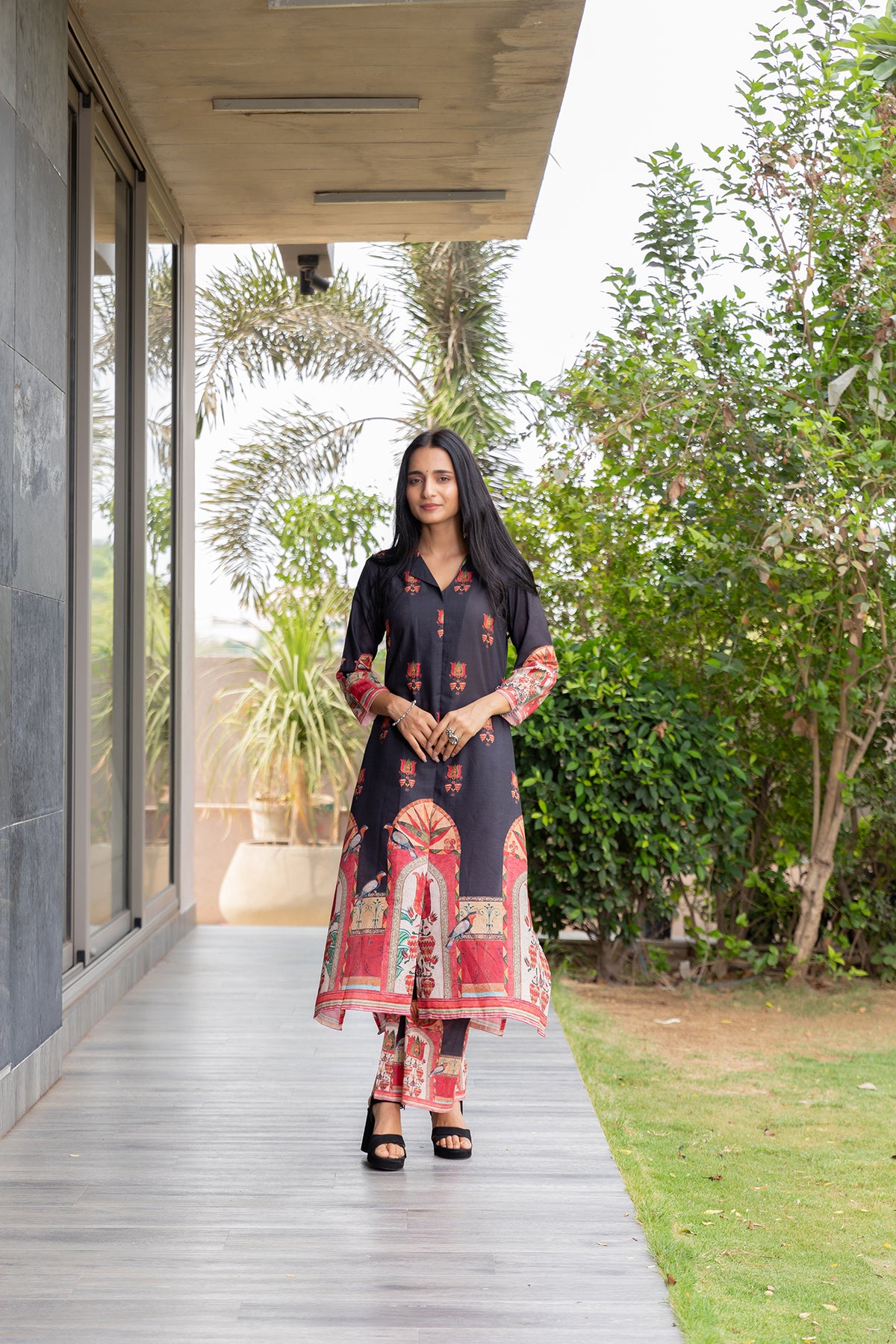 Black Bird V-Neck Collar Kurta Set-Kurta Set-Ekana Label