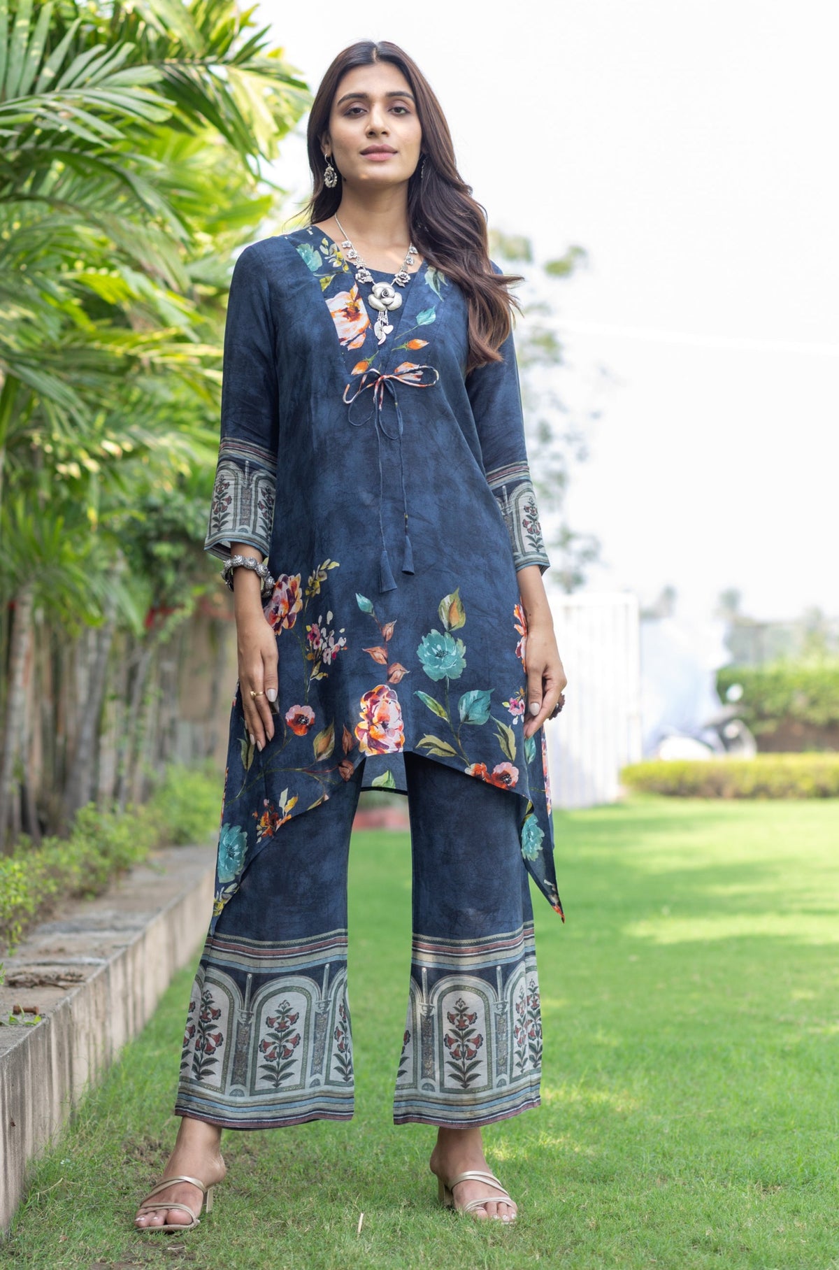 Royal Blue Floral Knot Co-ord Set-Western-Ekana Label