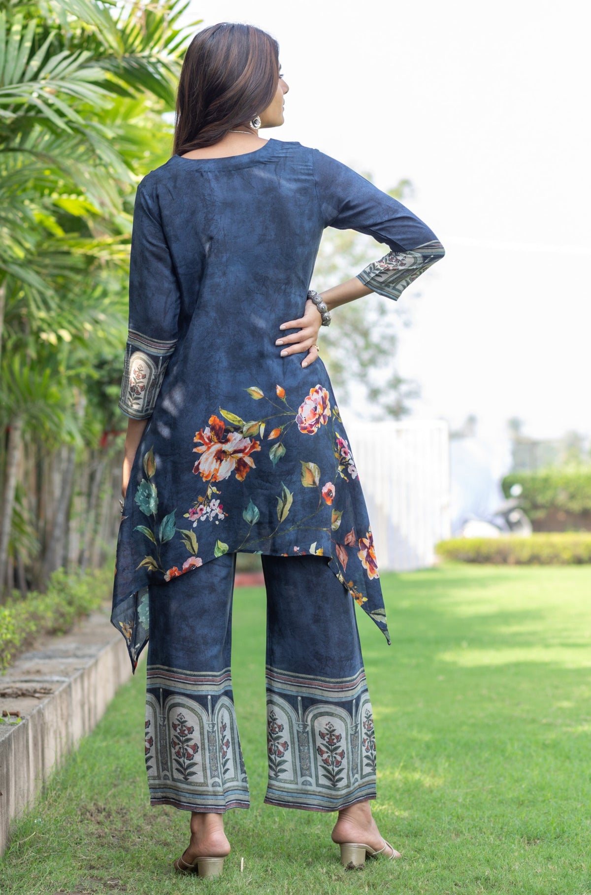 Royal Blue Floral Knot Co-ord Set-Western-Ekana Label