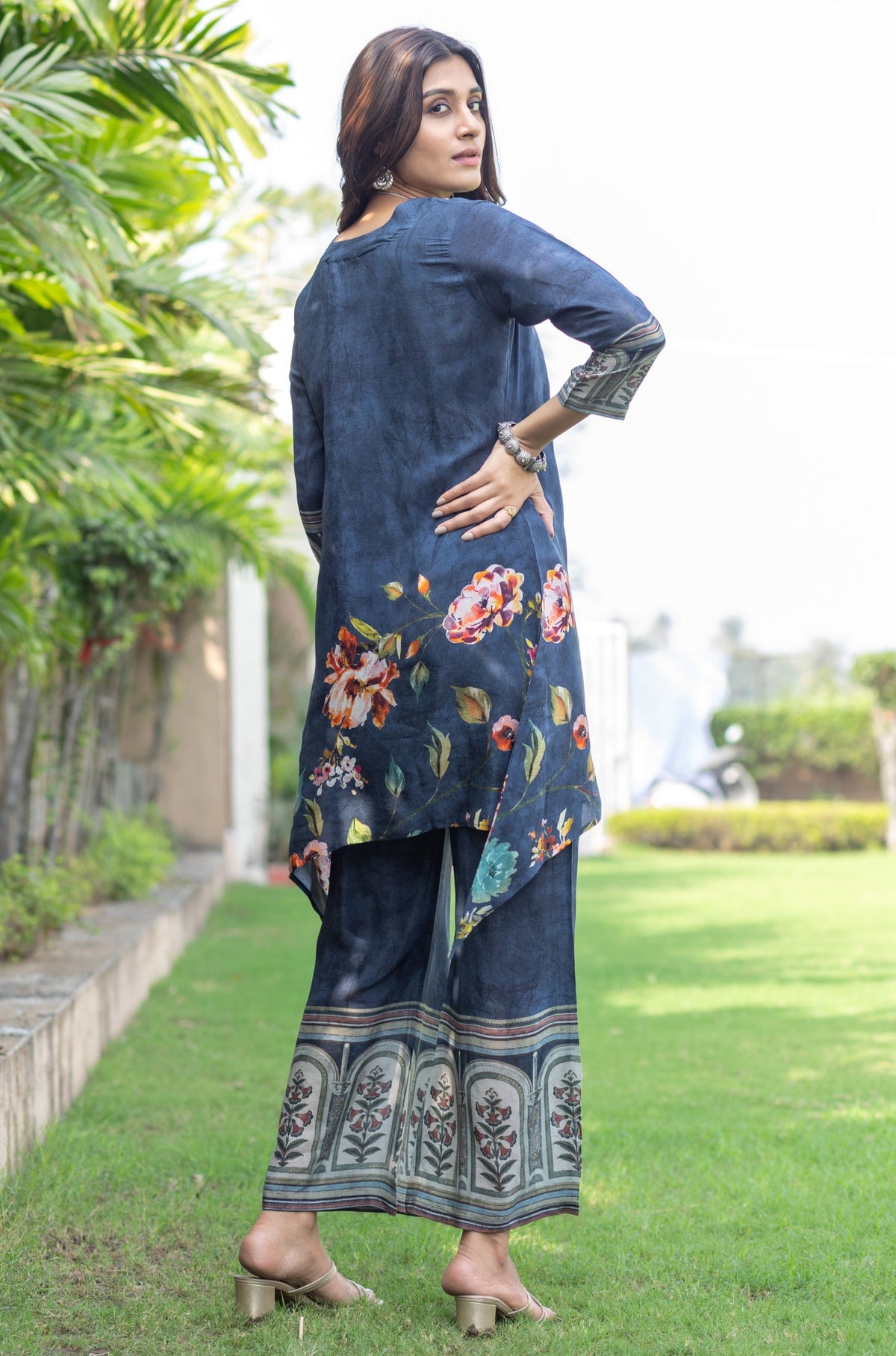 Royal Blue Floral Knot Co-ord Set-Western-Ekana Label