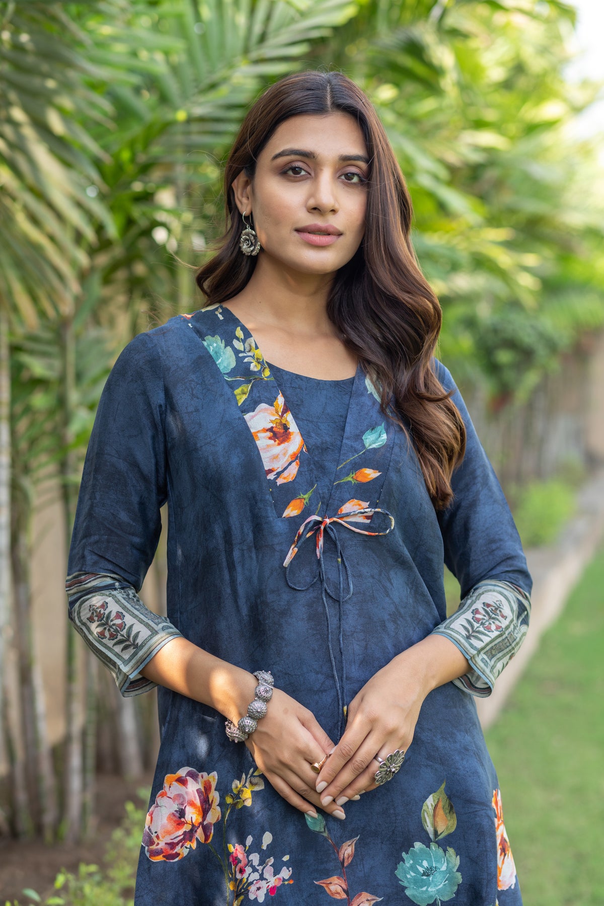 Royal Blue Floral Knot Co-ord Set-Western-Ekana Label