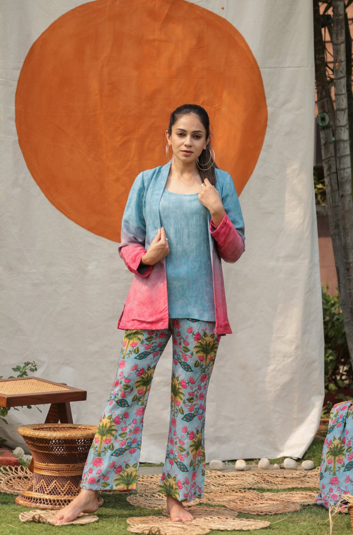 Pastel Shading Pichwai Blazer Three Piece Set-Western-Ekana Label