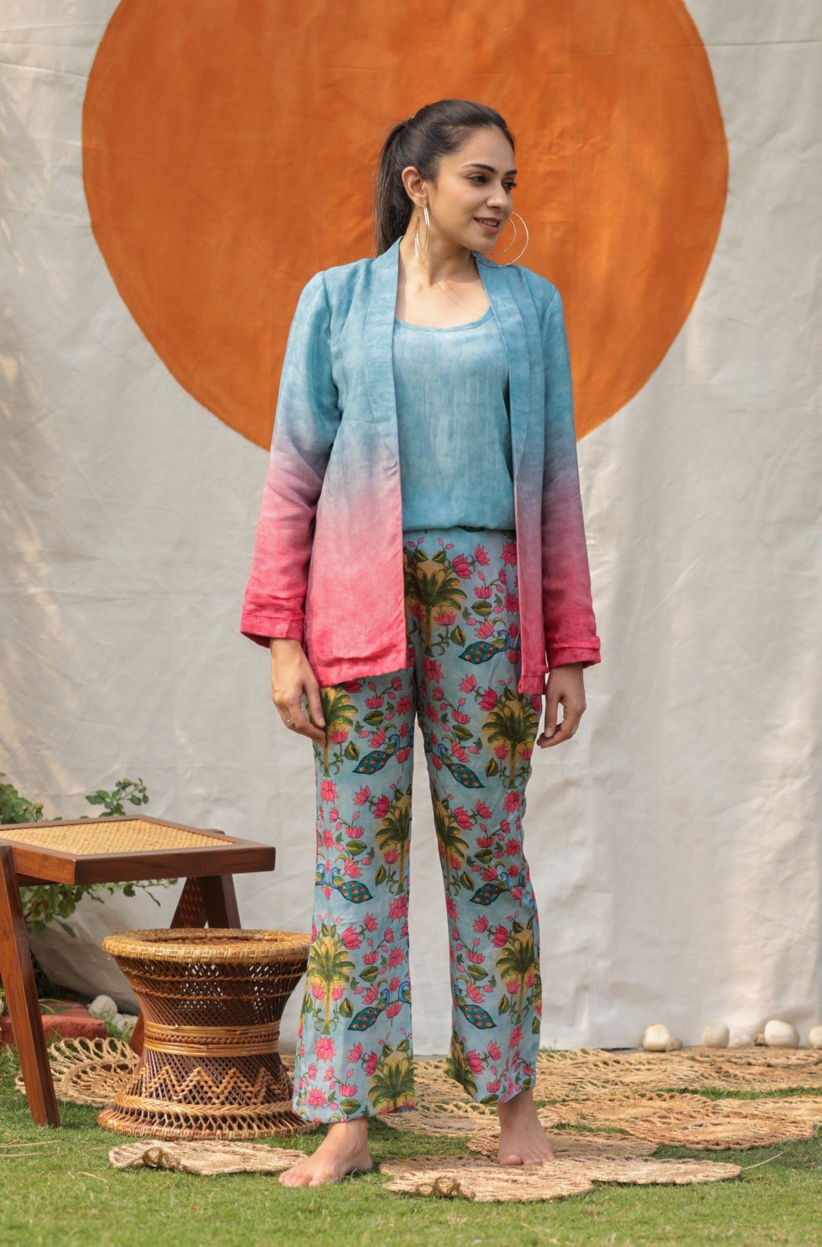 Pastel Shading Pichwai Blazer Three Piece Set-Western-Ekana Label