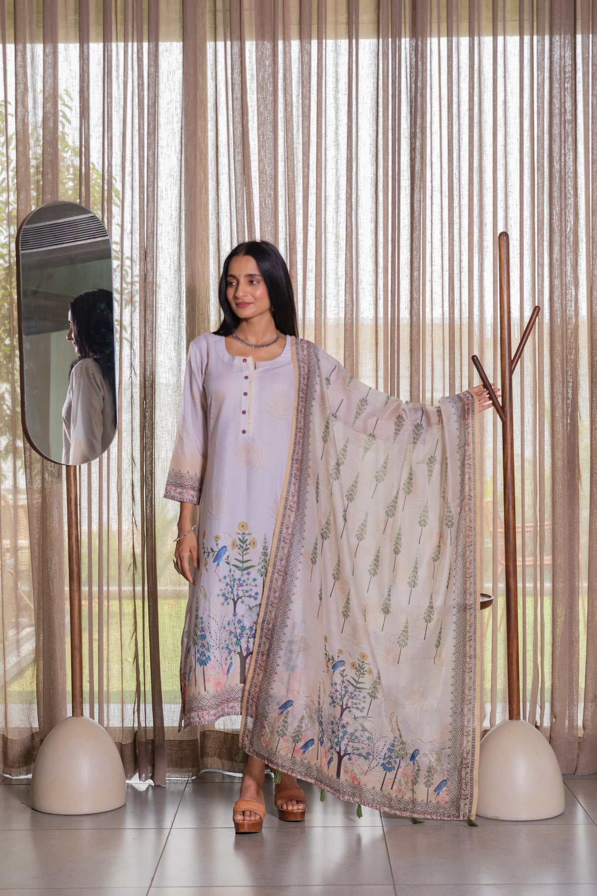 Snow-White Peacock Kurta With Dupatta-Kurta with dupatta-Ekana Label