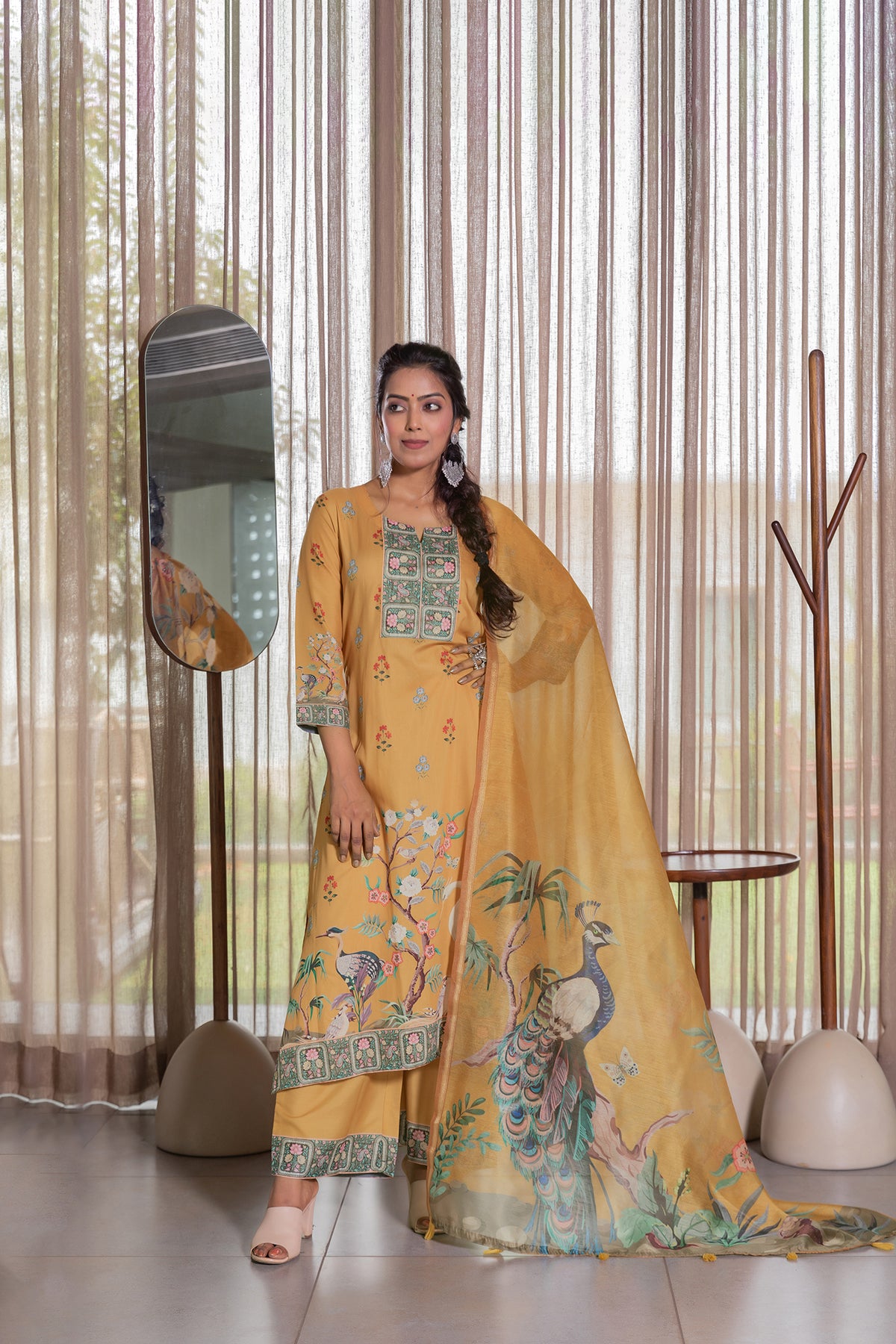 Meena Peacock Yellow Dupatta-Dupatta-Ekana Label