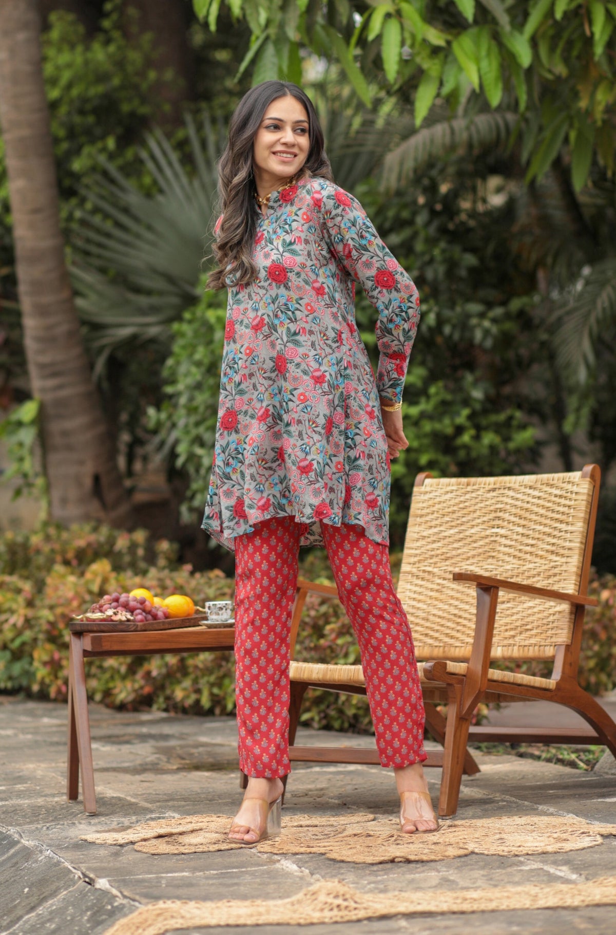 Rose Grey Contrast Red Floral Motif Pant Co-ord Set-Western-Ekana Label