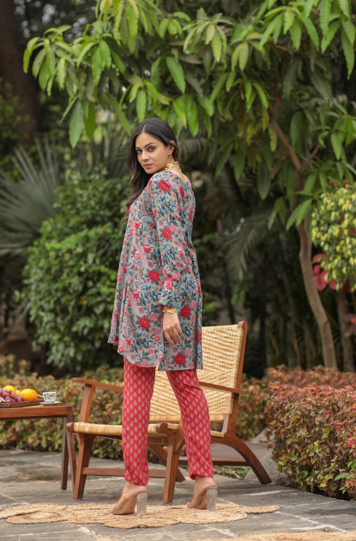 Rose Grey Contrast Red Floral Motif Pant Co-ord Set-Western-Ekana Label