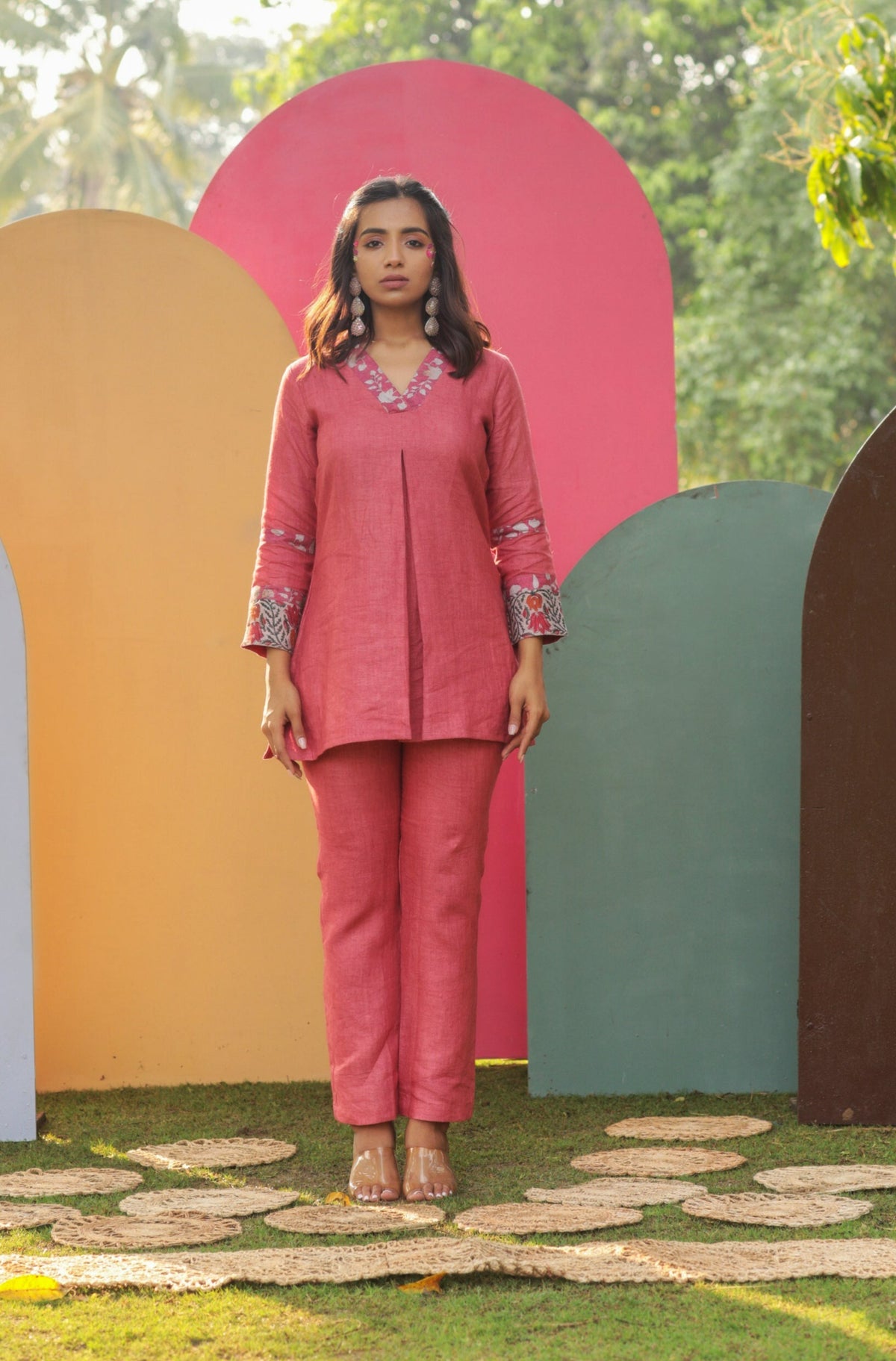 Kylie Print Detailed Pink Pure Linen Co-ord Set-Western-Ekana Label