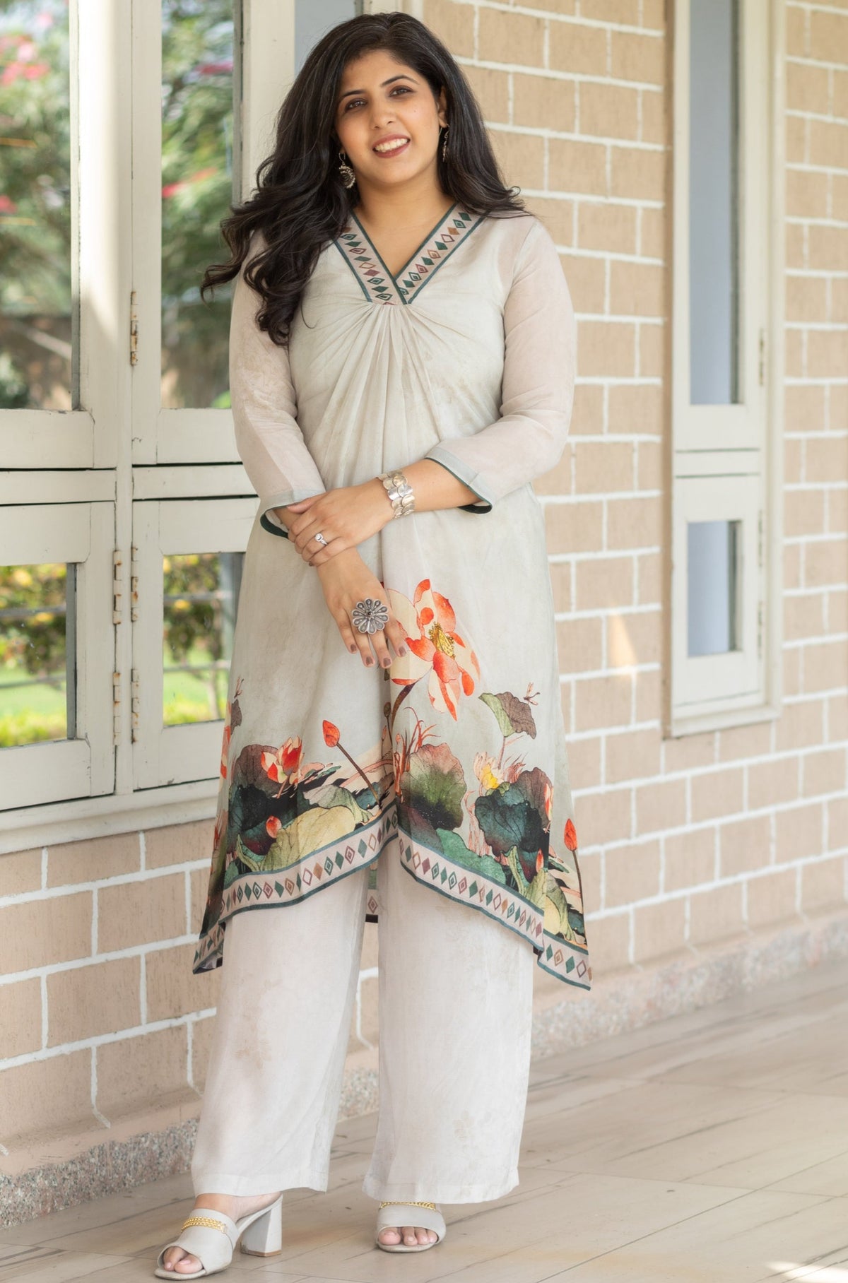 Lily White V-Neck Co-ord Set-Western-Ekana Label