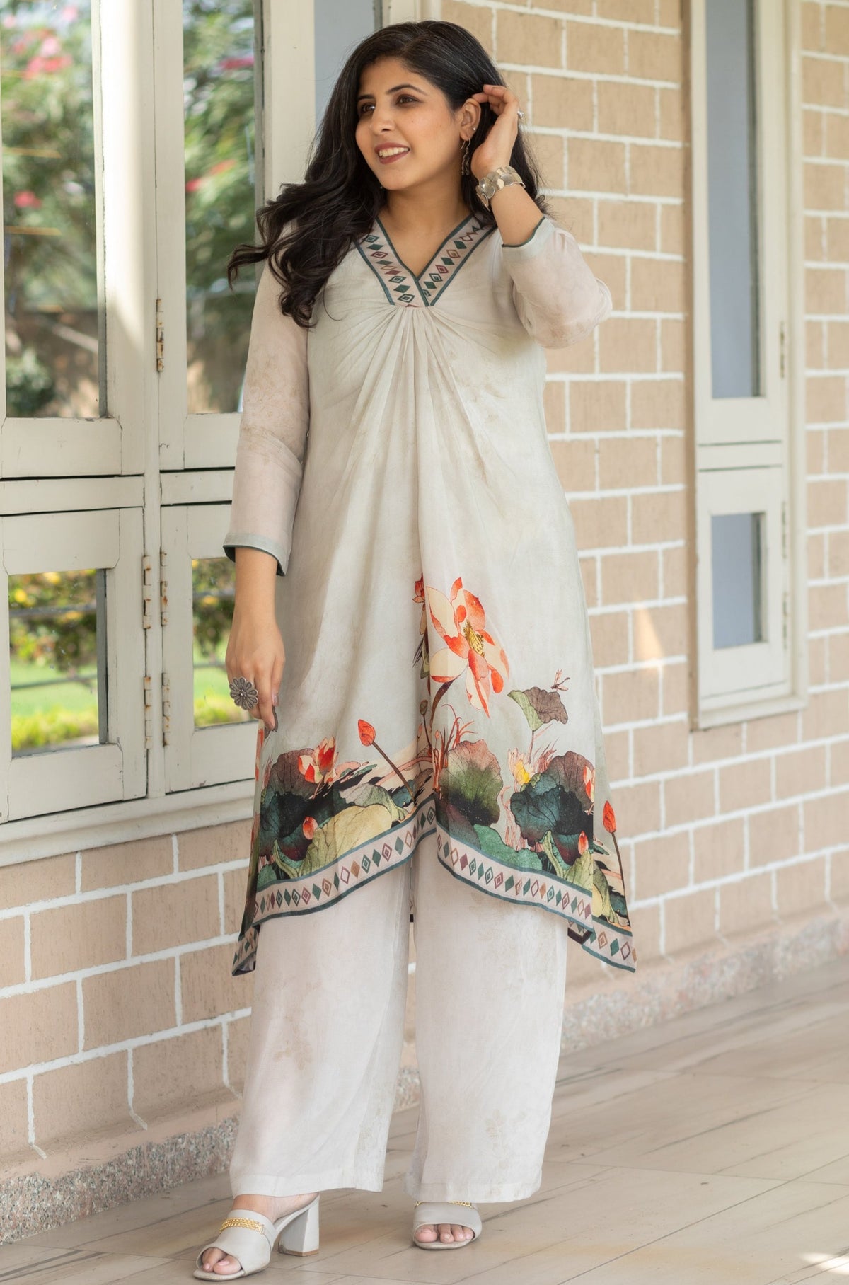 Lily White V-Neck Co-ord Set-Western-Ekana Label