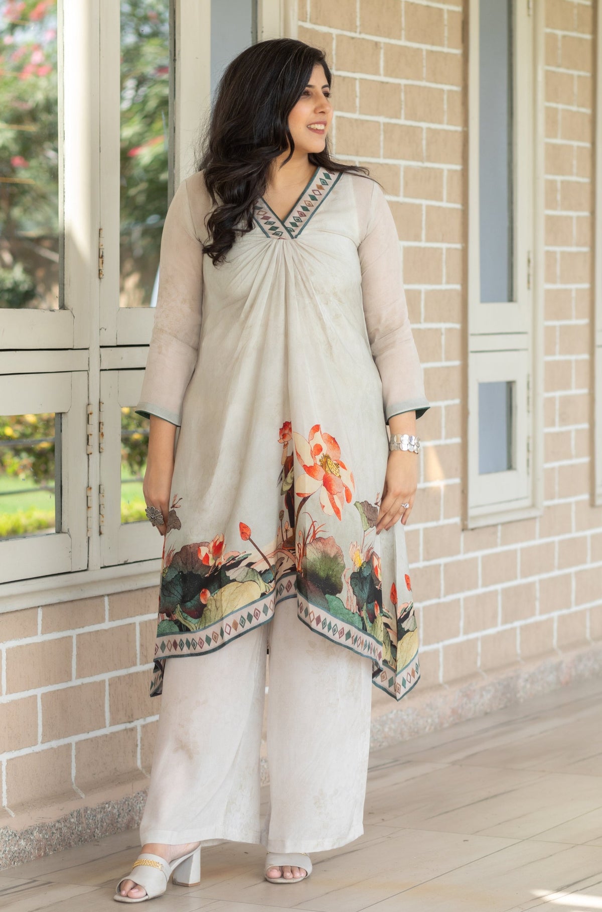 Lily White V-Neck Co-ord Set-Western-Ekana Label