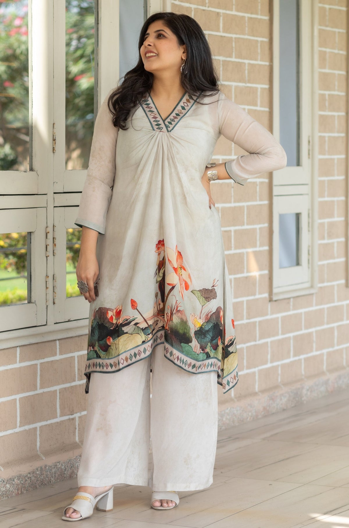 Lily White V-Neck Co-ord Set-Western-Ekana Label