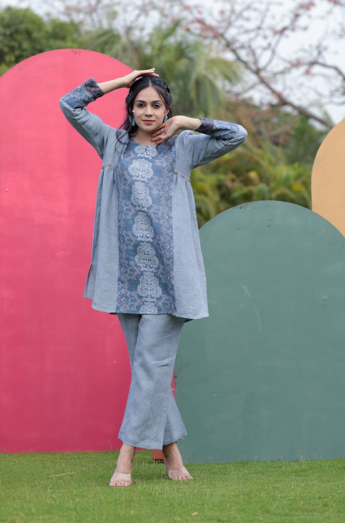 Thea Grey Print Detail Pure Linen Co-ord Set-Western-Ekana Label