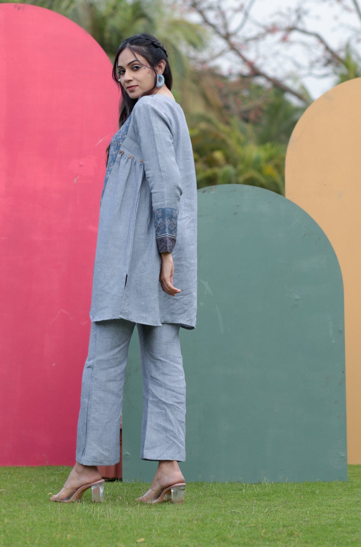 Thea Grey Print Detail Pure Linen Co-ord Set-Western-Ekana Label