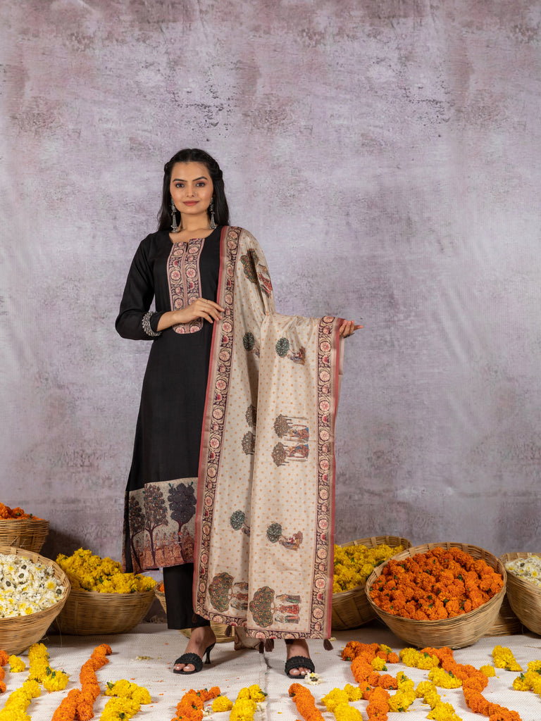 Powder Grey Handloom Kota Dress Material with Hand Block Printed Florals and Leaves Design and Cream Dupatta