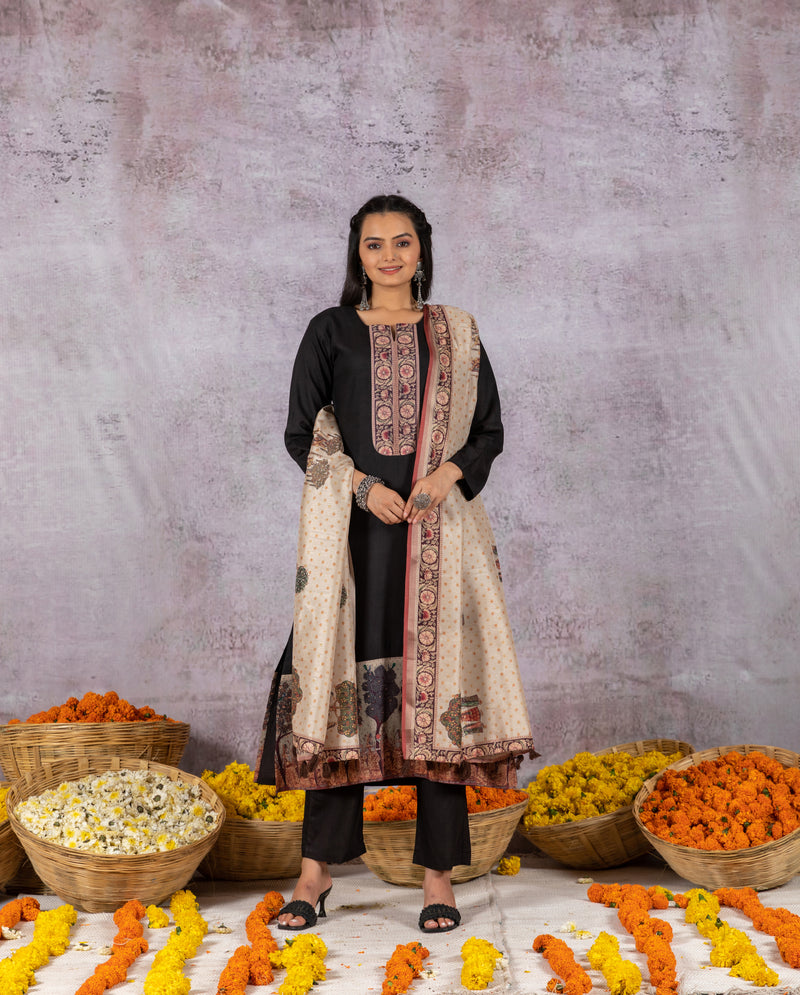 Jhansi Mughal Blossoms Black Suit Set-Suit Set-Ekana Label