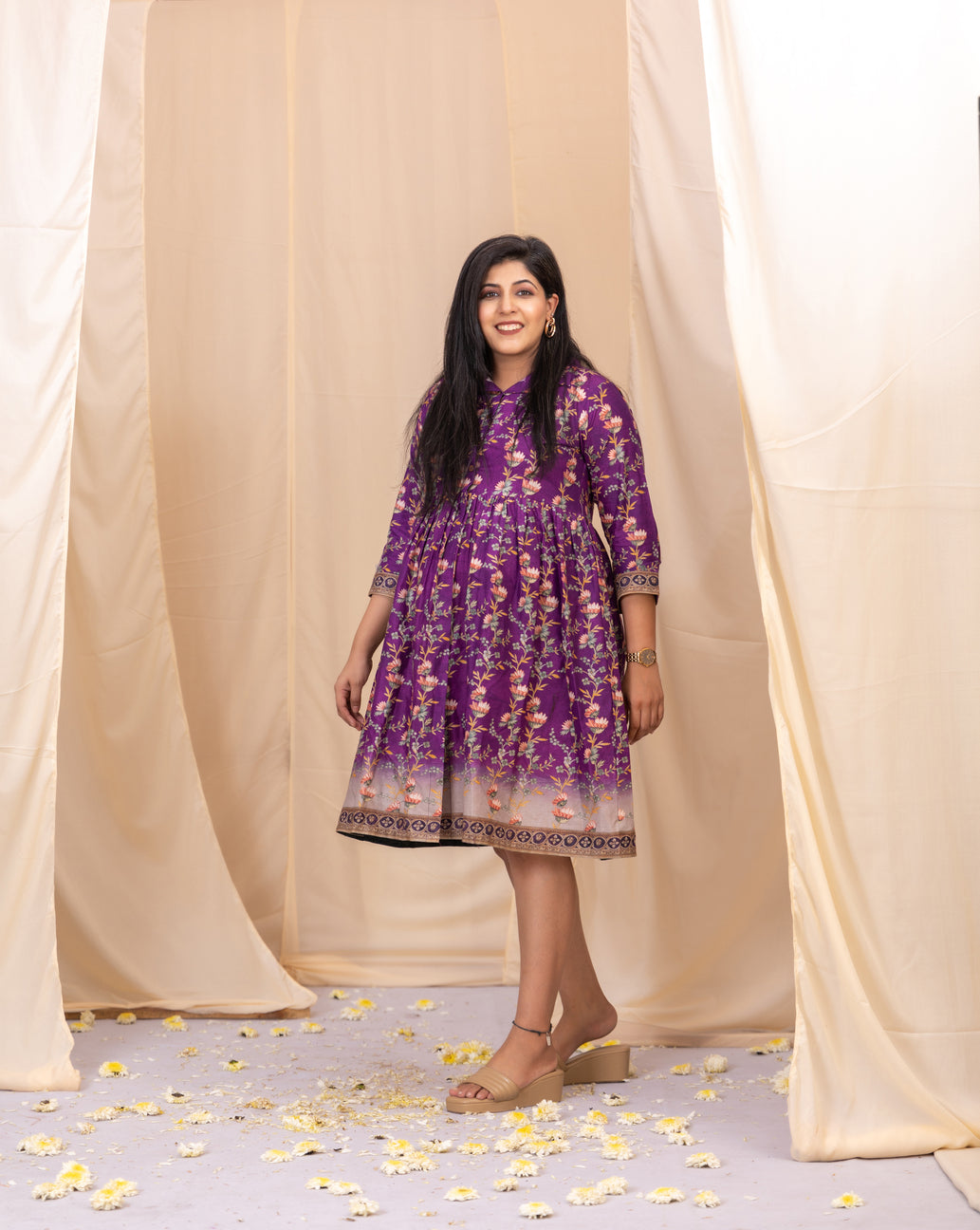 Petals Purple Kalamkari Dress-Western-Ekana Label