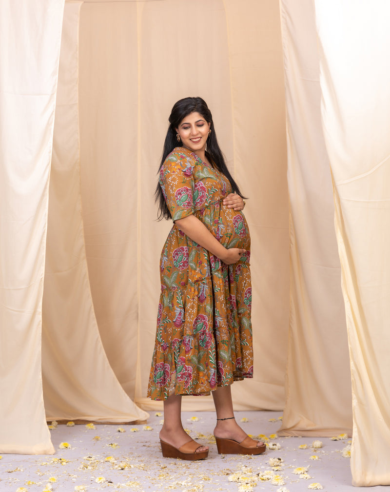 Harvest Gold Florals Kalamkari Dress-Western-Ekana Label
